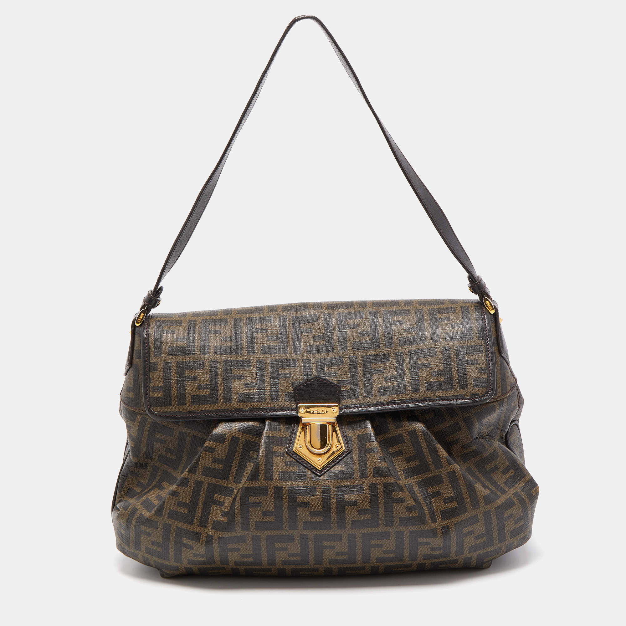 Pre Owned Fendi Tobacco Zucca Coated Canvas and Leather Push Lock Flap Shoulder Bag