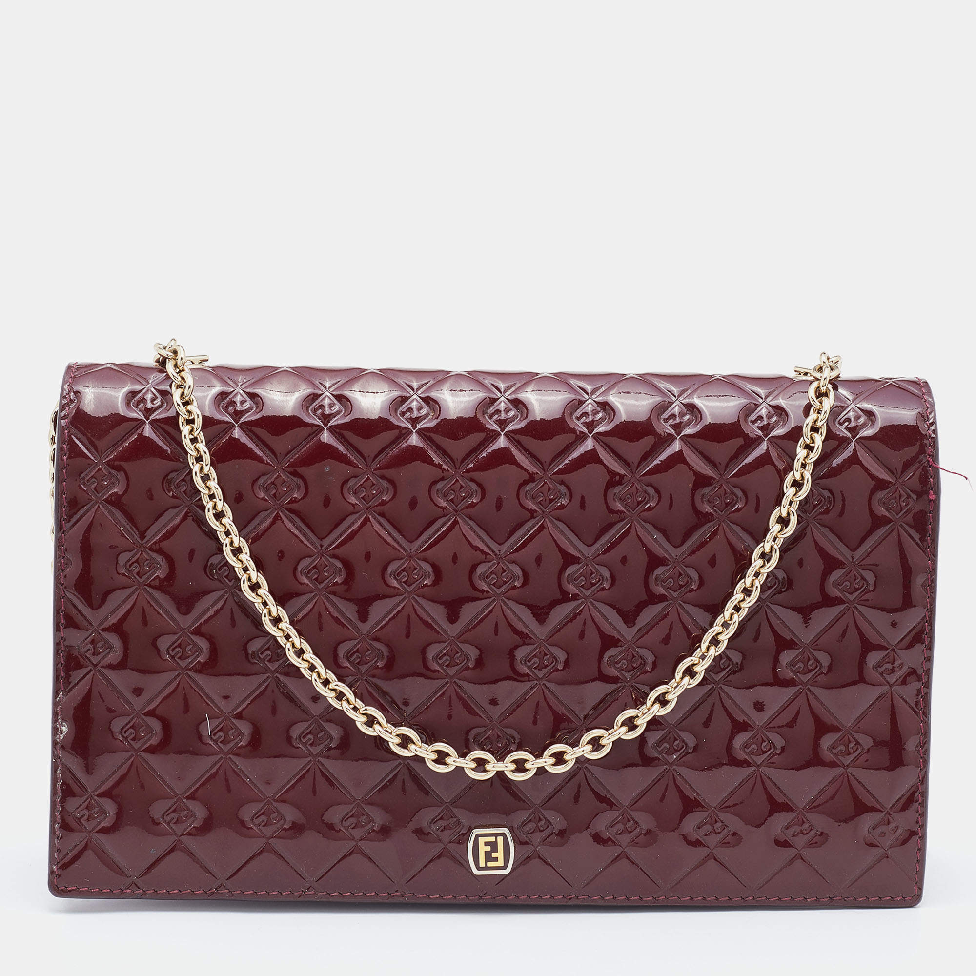 مملوكة مسبقًا Fendi Burgundy Patent Leather Fendilicious Wallet on Chain