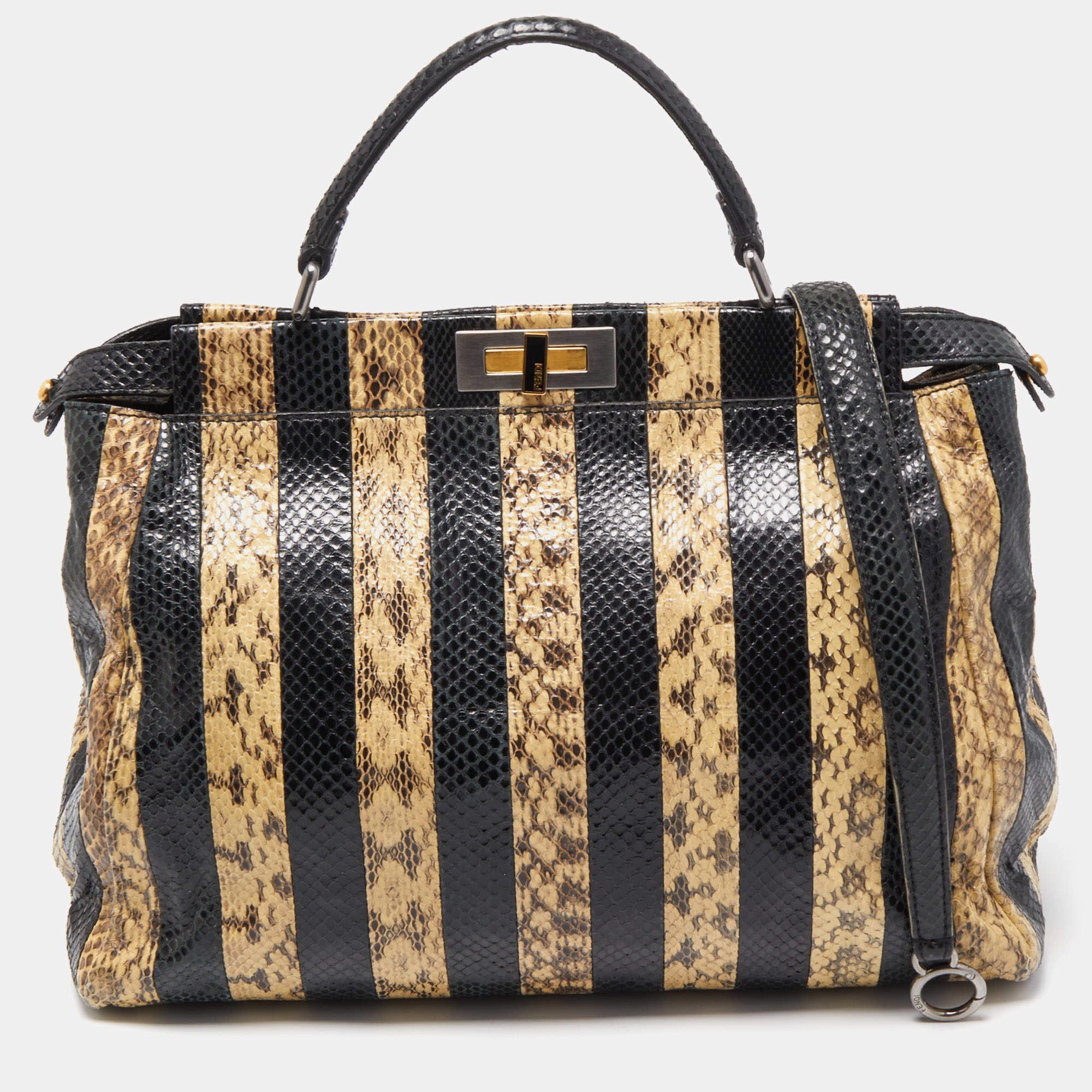 Pre Owned Fendi Beige/Black Python Leather Large Peekaboo Top Handle Bag