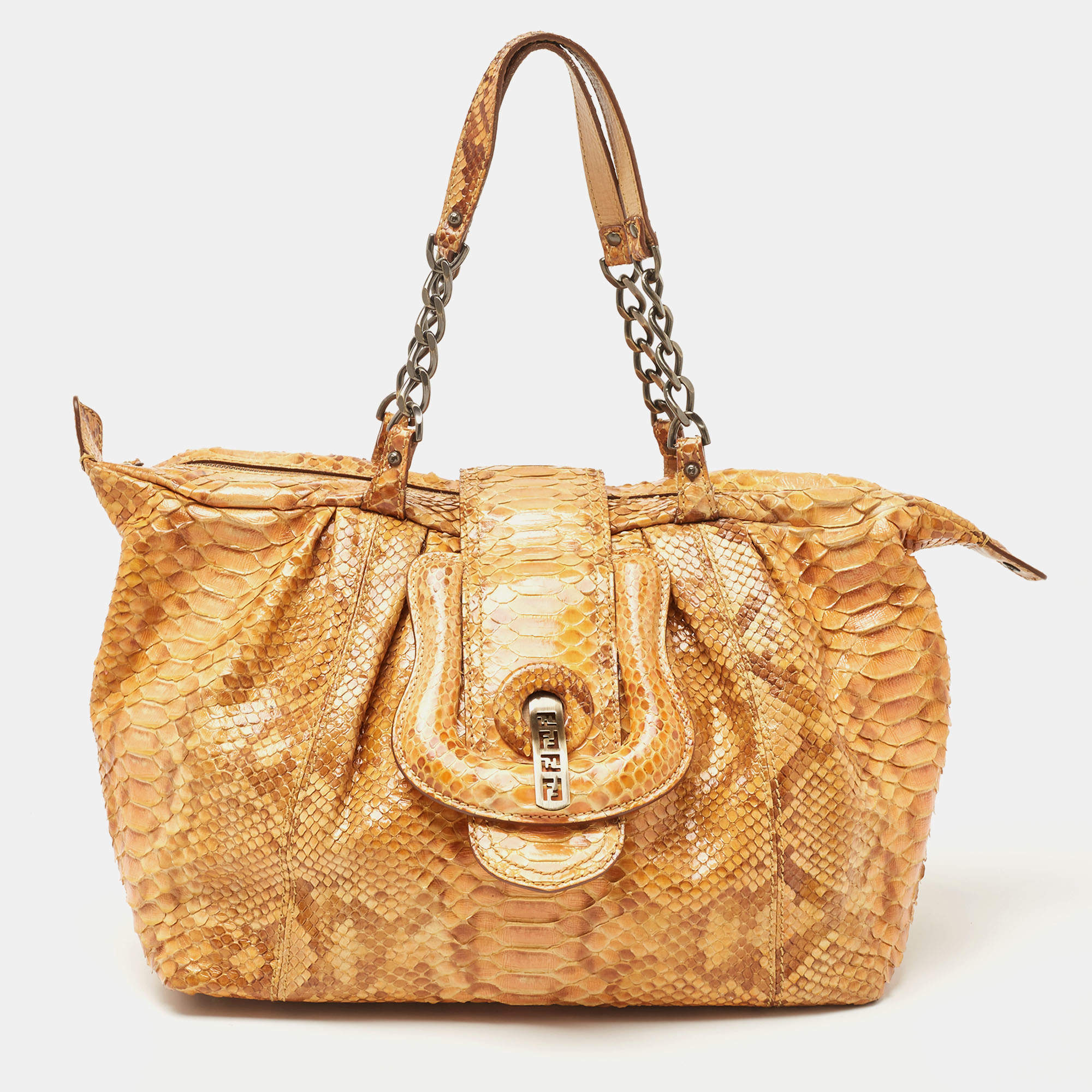 Pre Owned Fendi Orange/Brown Python B Shoulder Bag