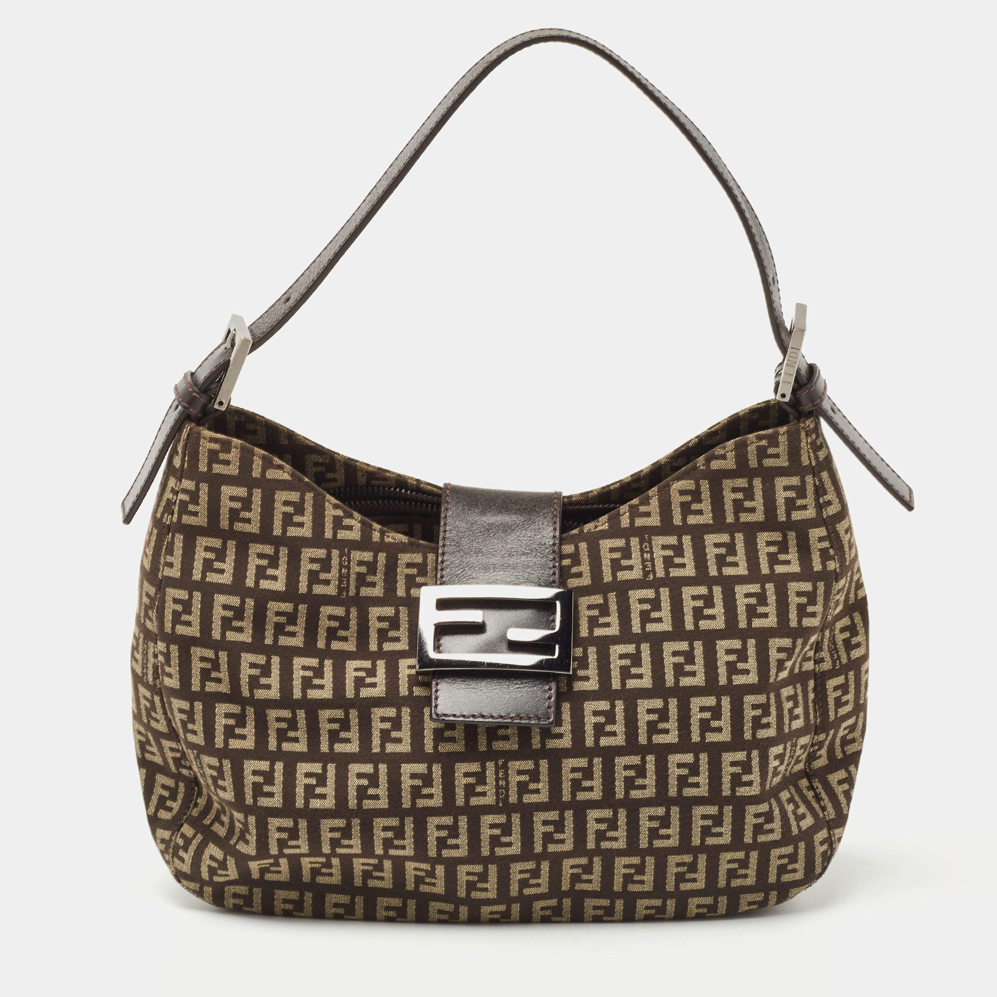 Pre Owned Fendi Dark Brown Zucchino Canvas Shoulder Bag