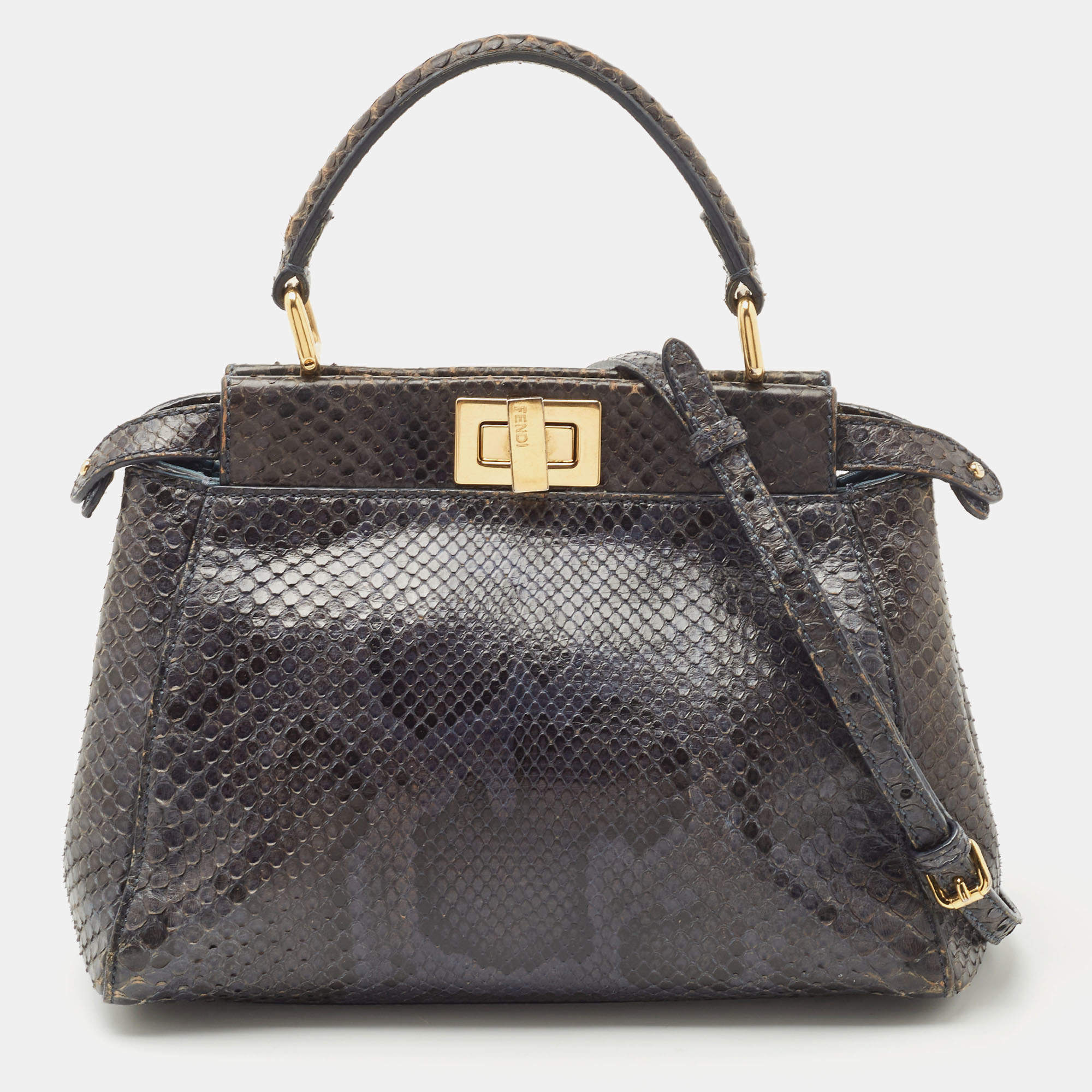 Pre Owned Fendi Dark Green/Black Python Mini Peekaboo Top Handle Bag