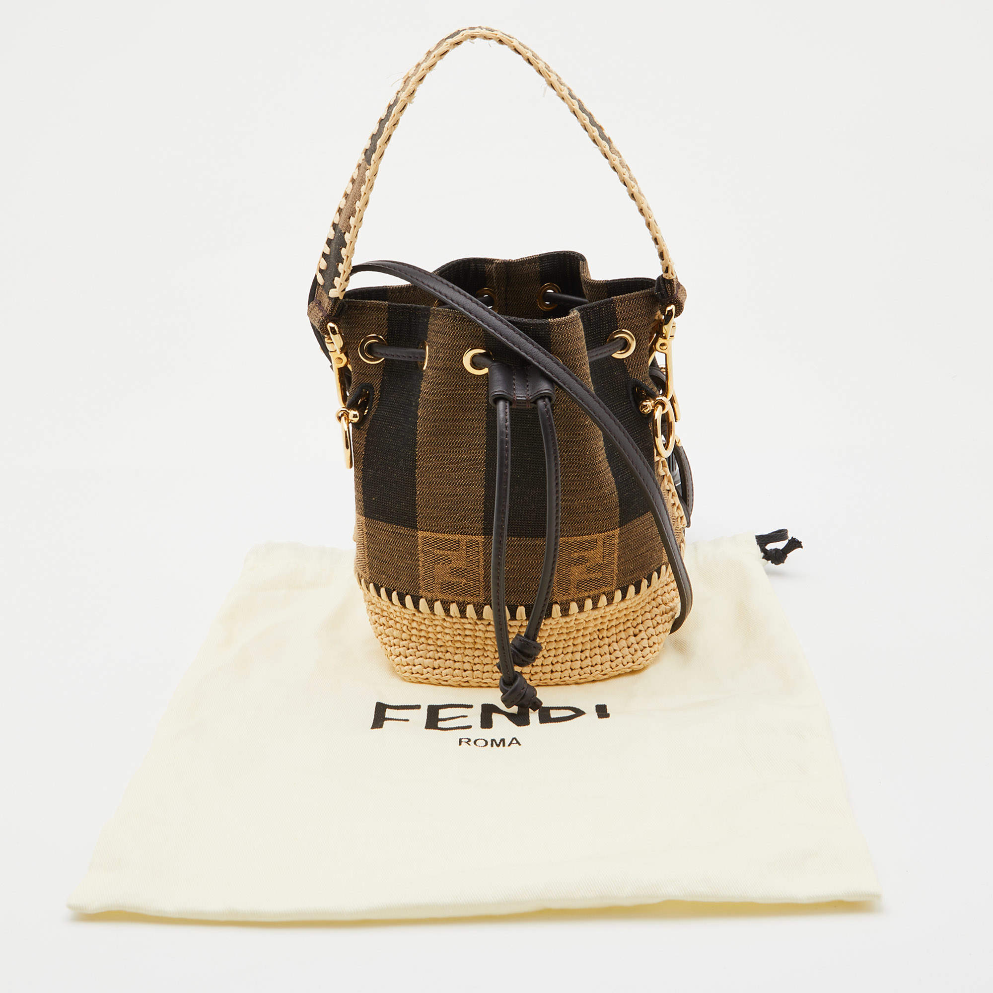 Fendi Tobacco/Cream Zucca Canvas and Raffia Mini Mon Tresor Bucket Bag Fendi