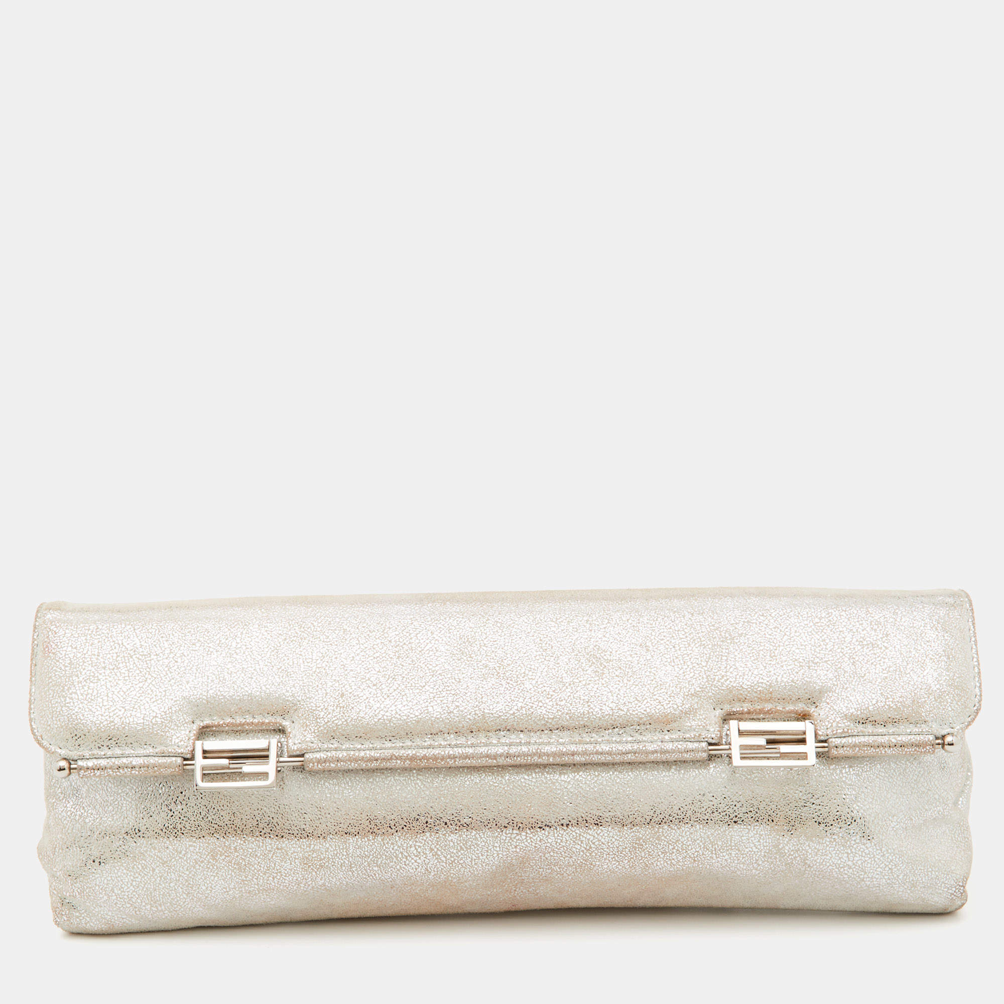Pre Owned Fendi Sliver Shimmering Leather Flap Clutch