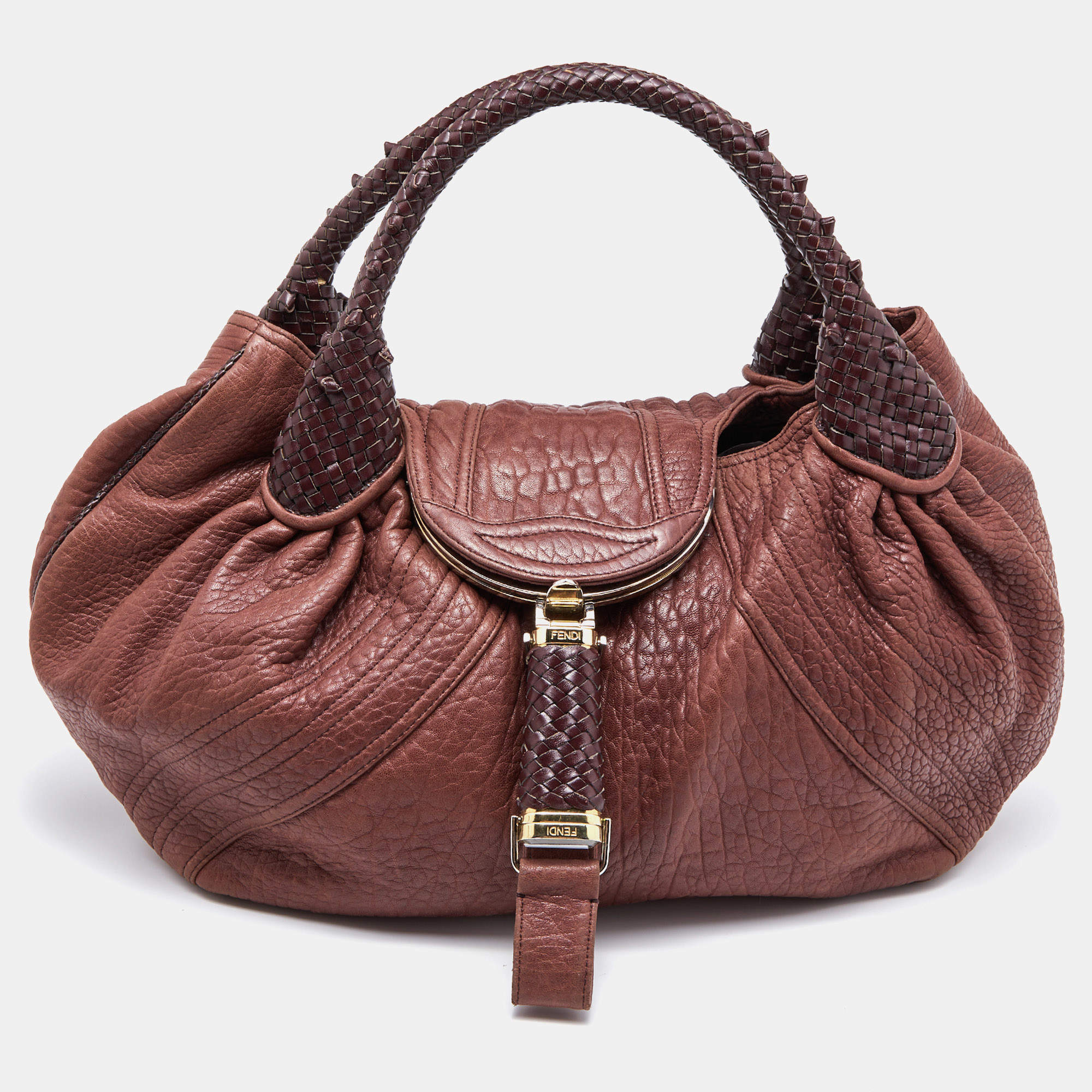 Pre Owned Fendi Two Tone Brown Pebbled Leather Spy Bag