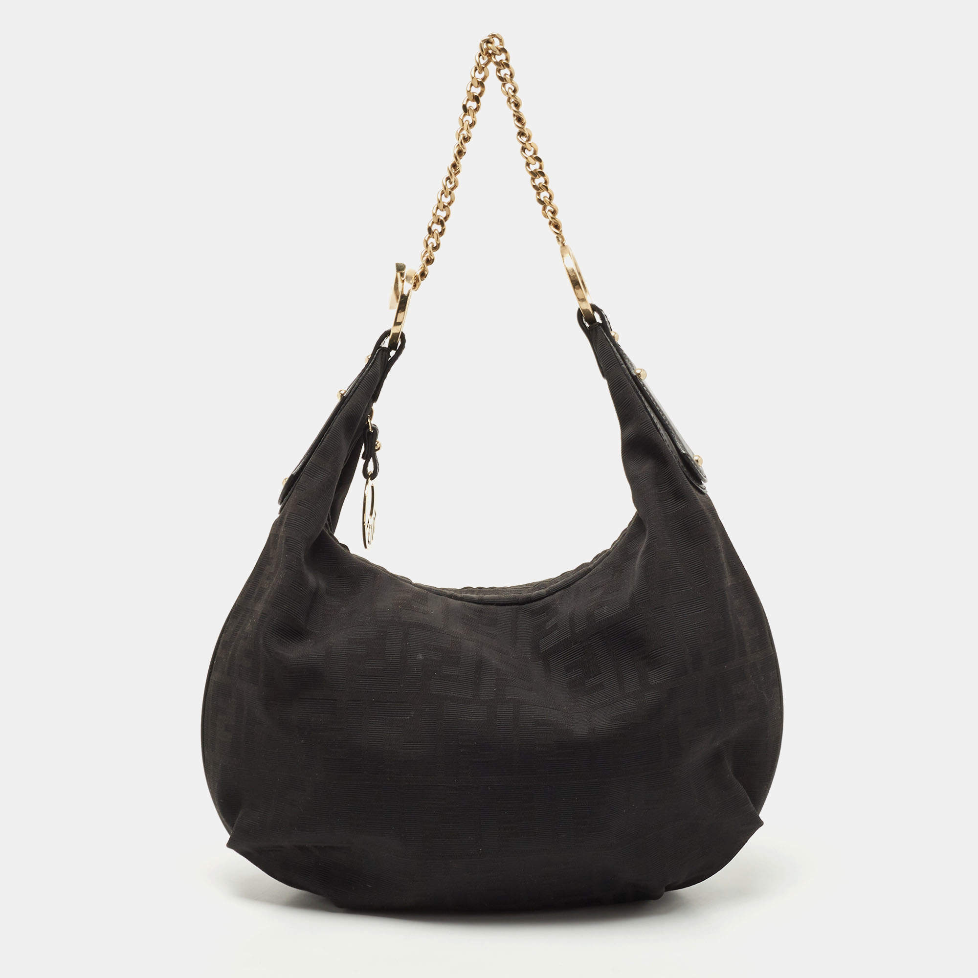 Pre Owned Fendi Black Zucca Canvas Chef Chain Link Hobo
