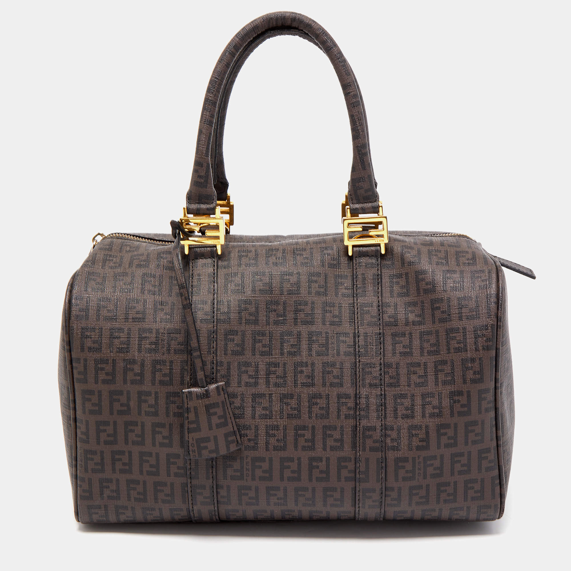 Fendi Brown Zucchino Coated Canvas Forever Bauletto Boston Bag