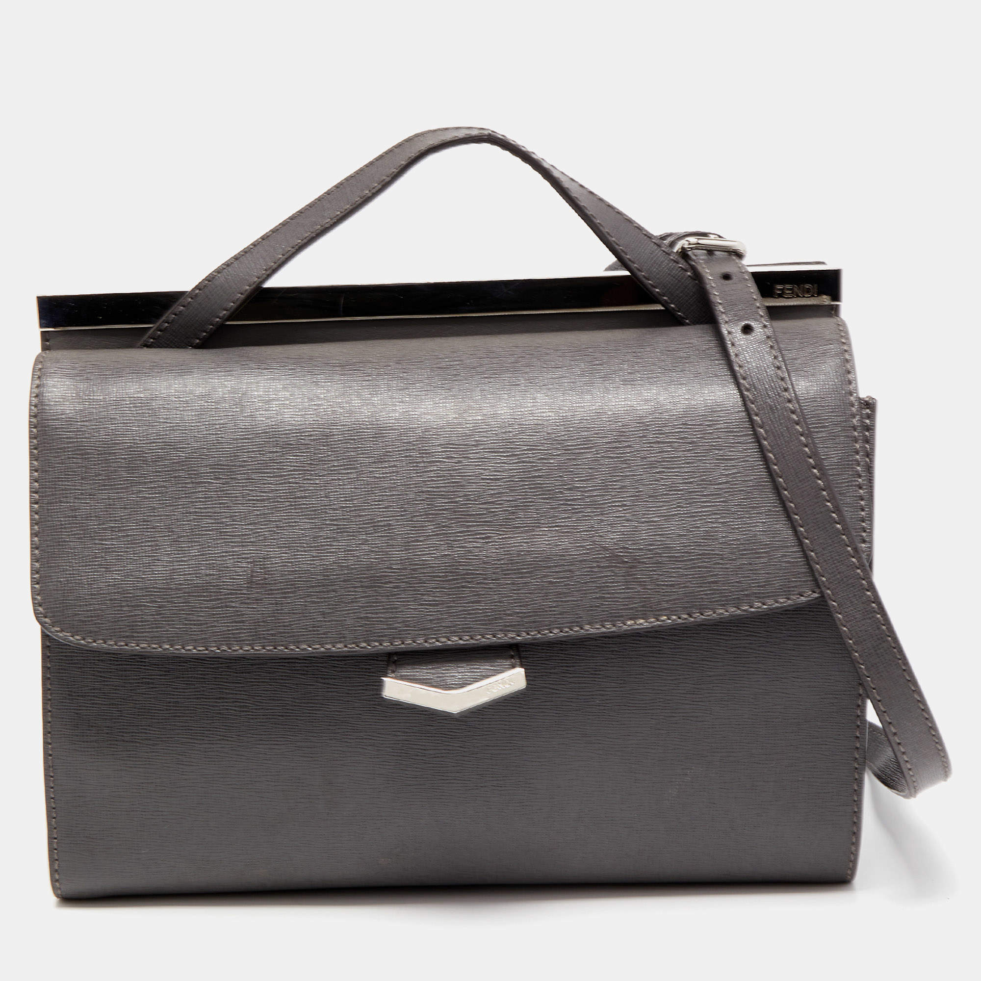 Pre Owned Fendi Grey Leather Small Demi Jour Top Handle Bag