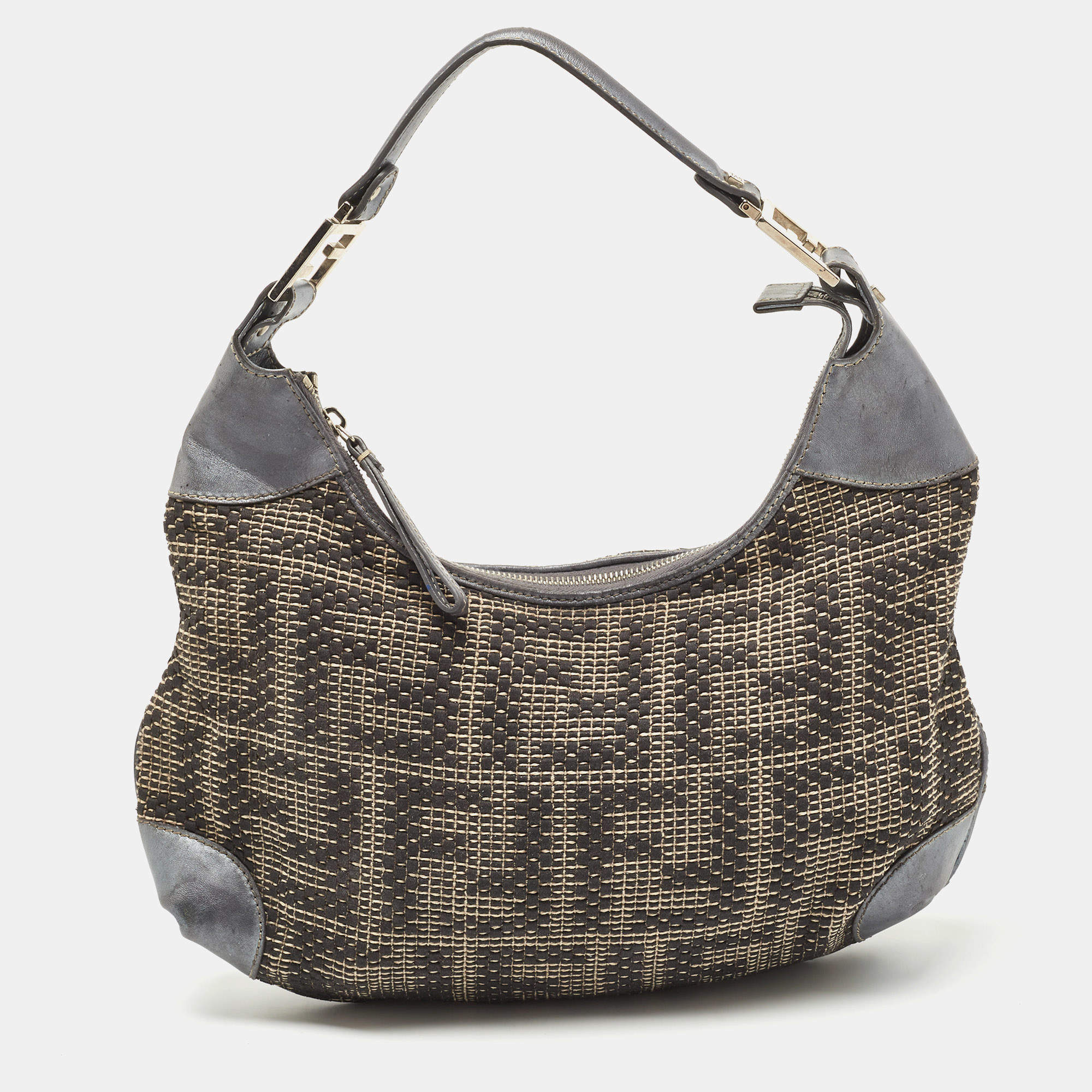 Pre Owned Fendi Grey Fabric and Leather Hobo