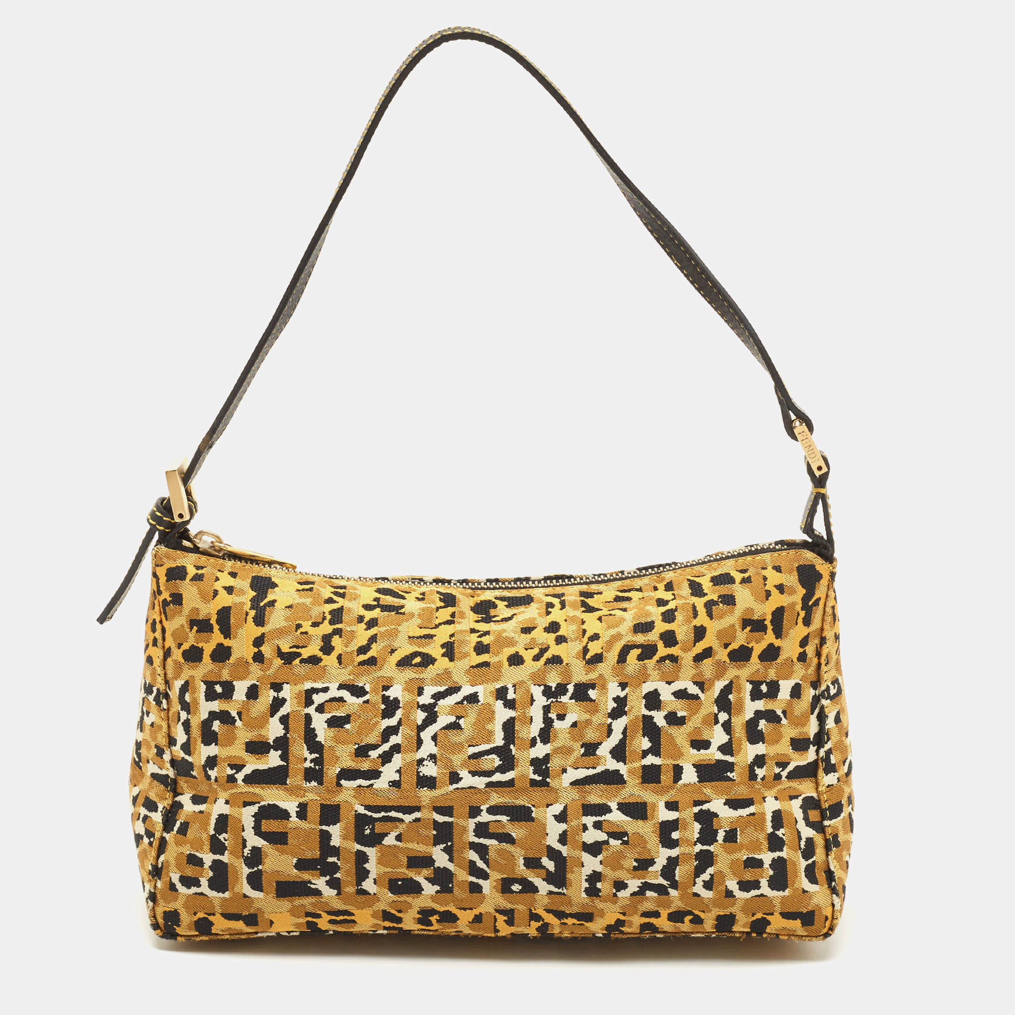 Pre Owned Fendi Black/Yellow FF Zebra Print Fabric Shoulder Bag