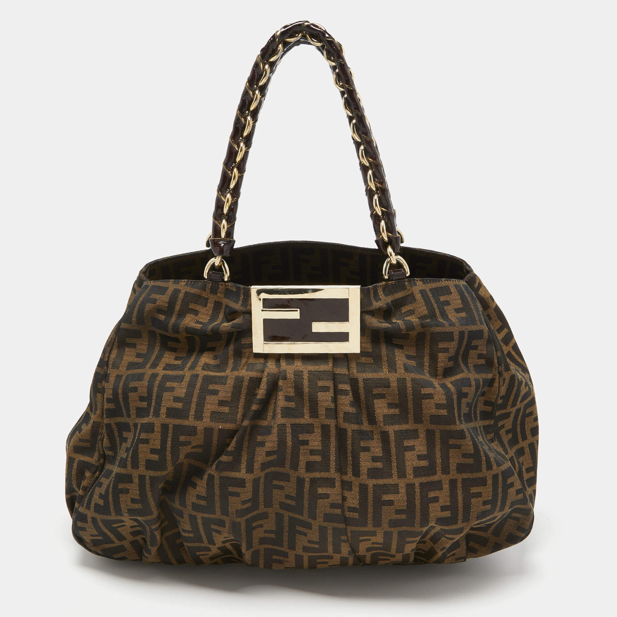 Pre Owned Fendi Tobacco Zucca Canvas and Patent Leather Mia Bag