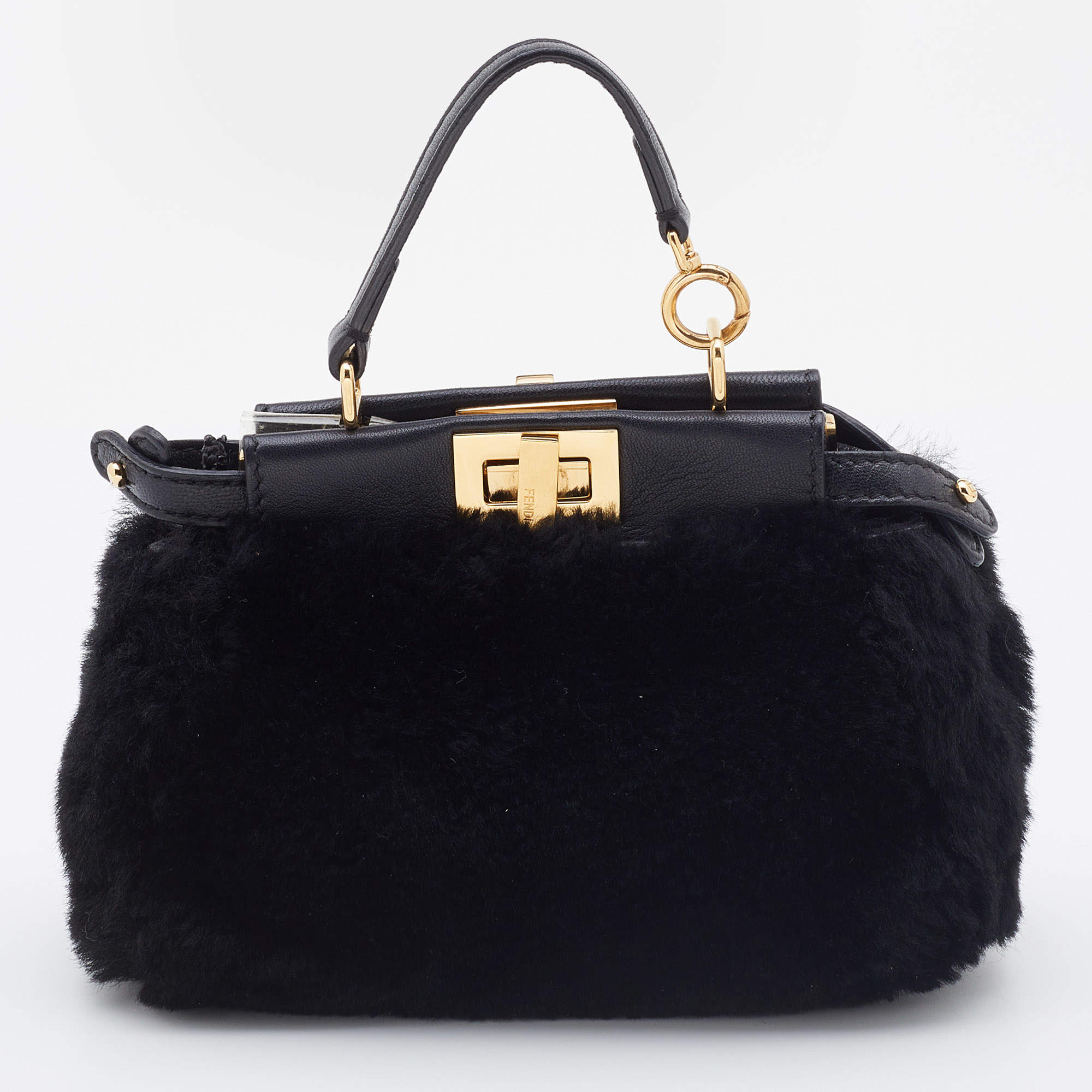 Pre Owned Fendi Black Shearling and Leather Micro Peekaboo Bag