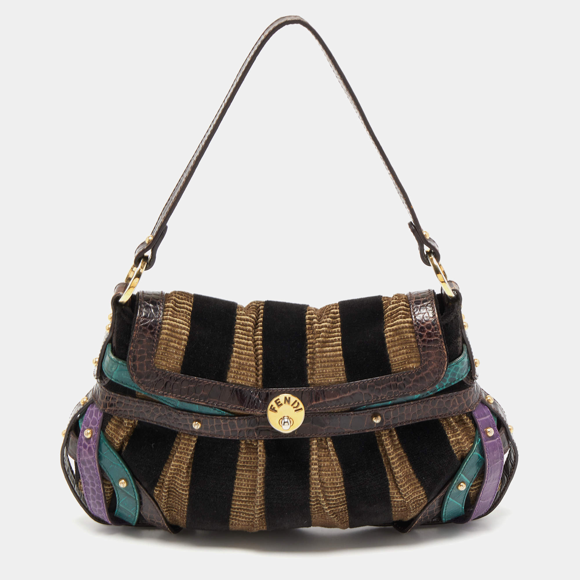 Pre Owned Fendi Multicolor Fabric and Alligator Chef Hobo