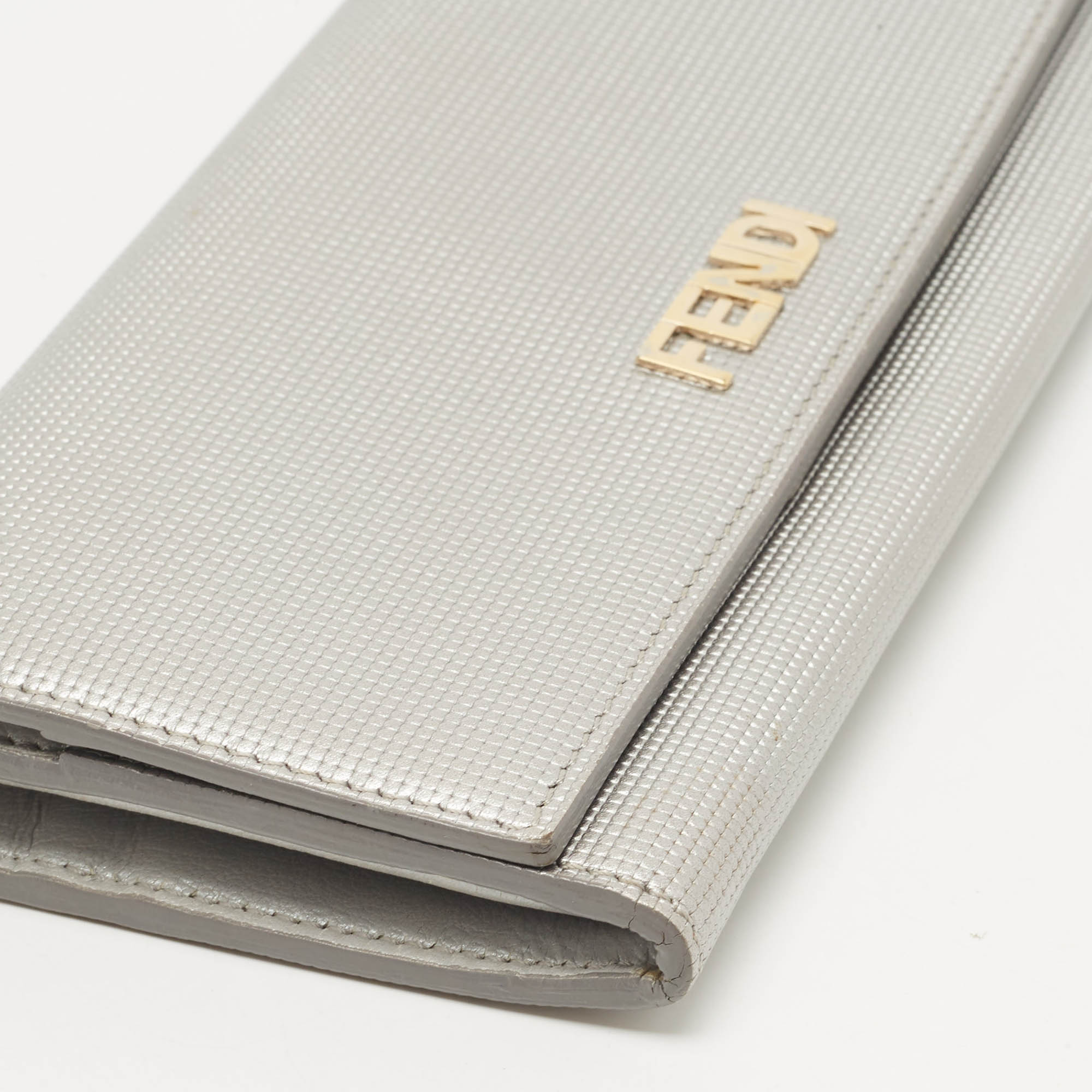 Fendi Silver Textured Leather Logo Flap Continental Wallet Fendi