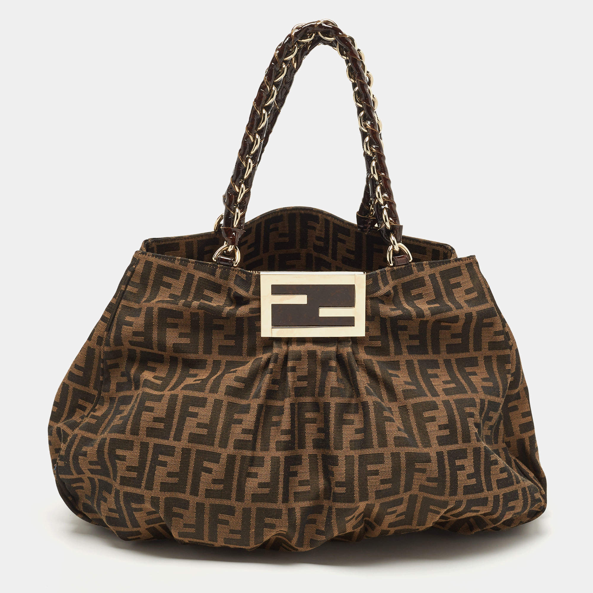 Pre Owned Fendi Tobacco Zucca Canvas and Patent Leather Mia Bag