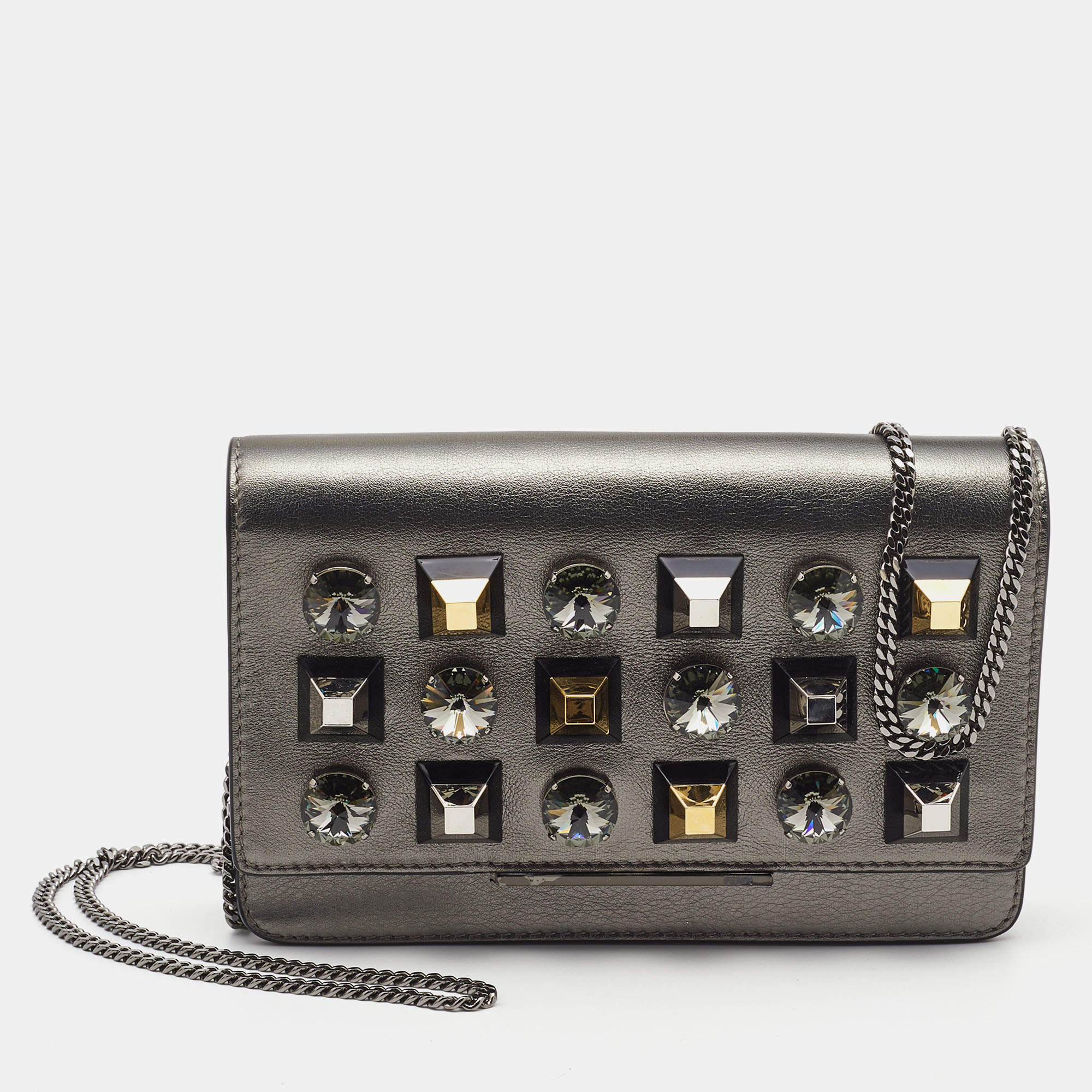 Pre Owned Fendi Metallic Dark Grey Leather Crystal Stud Tube Wallet On Chain
