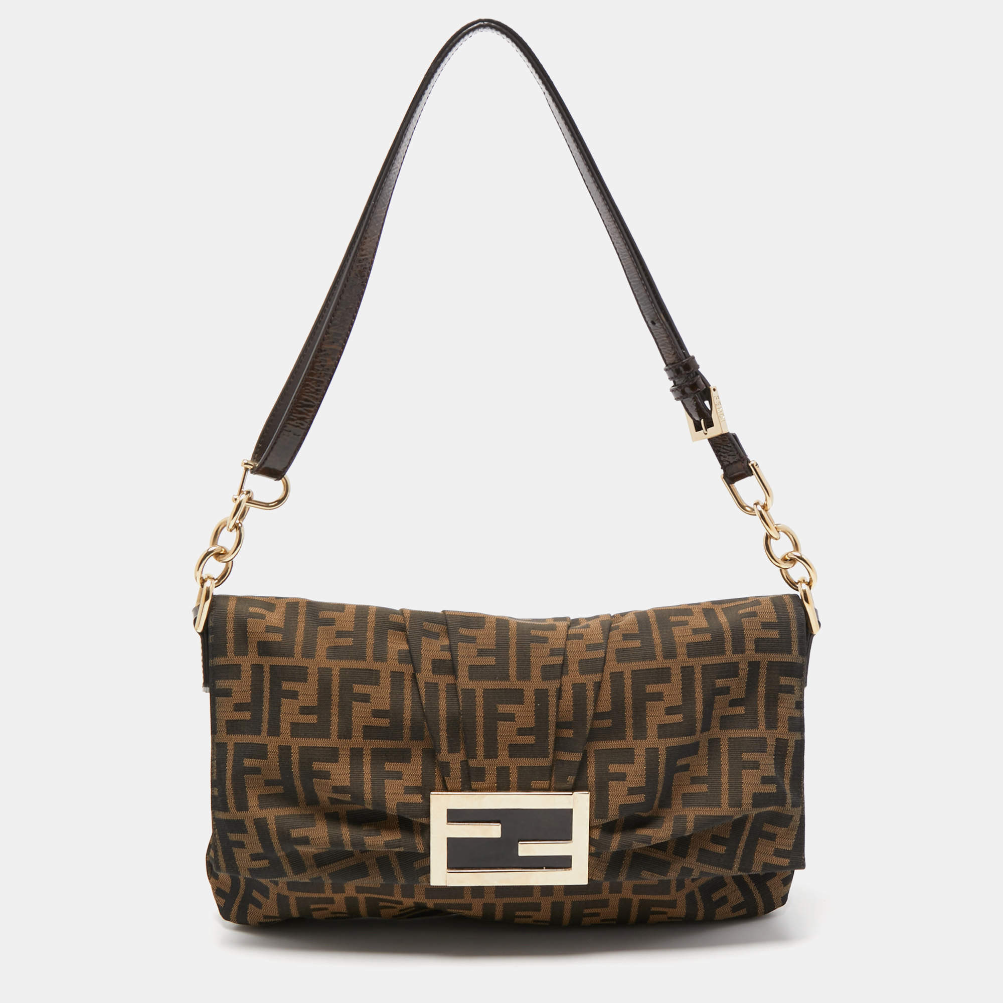 Pre Owned Fendi Tobacco Zucca Canvas and Patent Leather Mia Flap Crossbody Bag