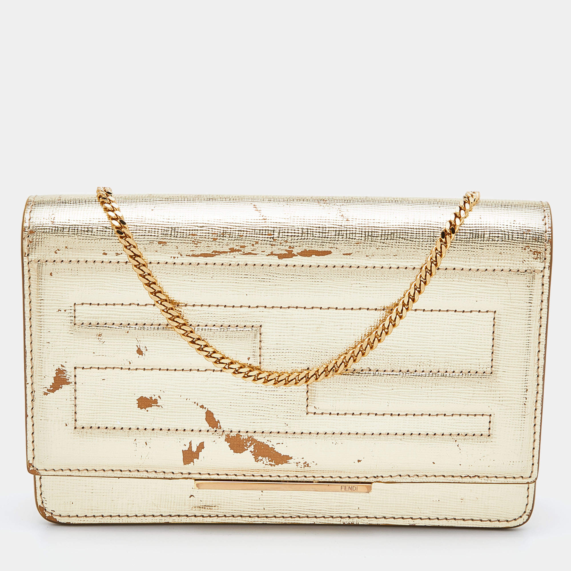Pre Owned Fendi Gold Laminated Leather Tube On Chain Wallet