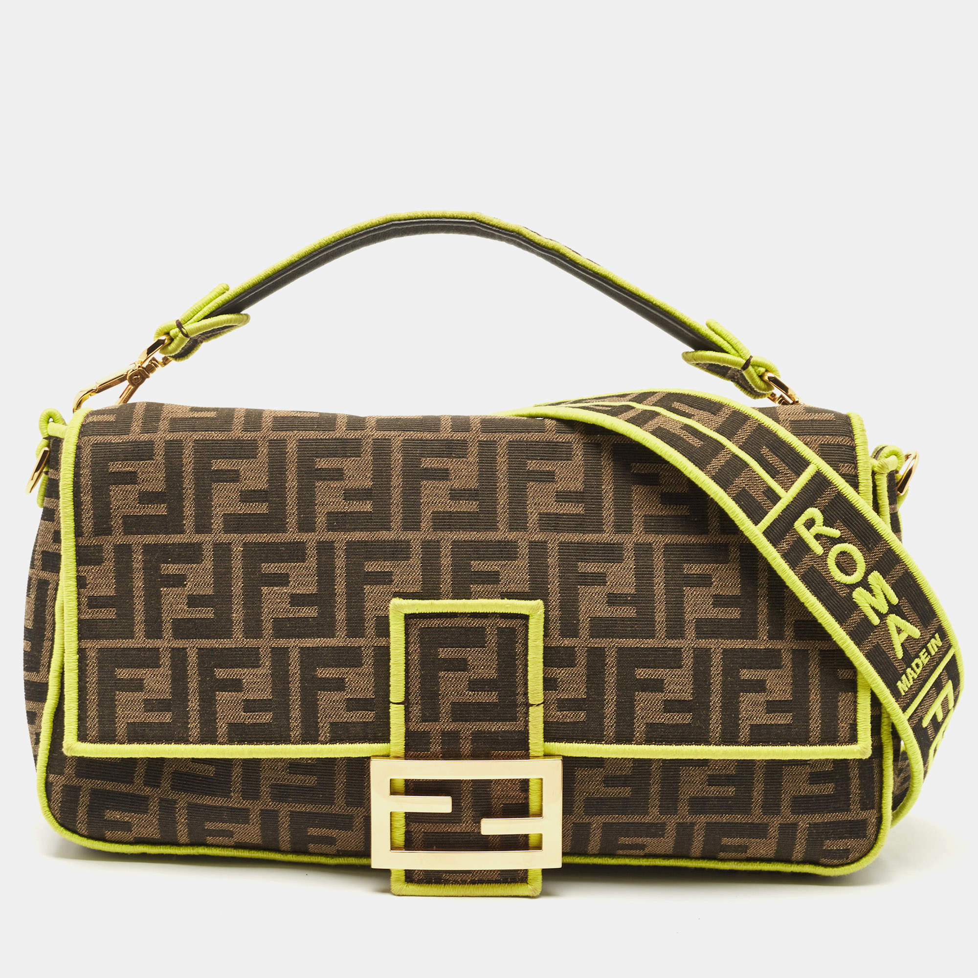 Pre Owned Fendi Neon Green/Tobacco Zucca Canvas Large Baguette Shoulder Bag