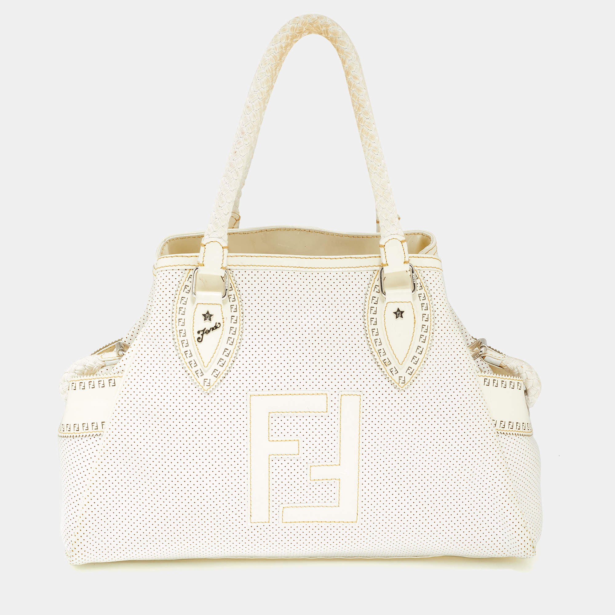 مملوكة مسبقًا Fendi Off White Perforated Patent Leather Chef De Jour Bag