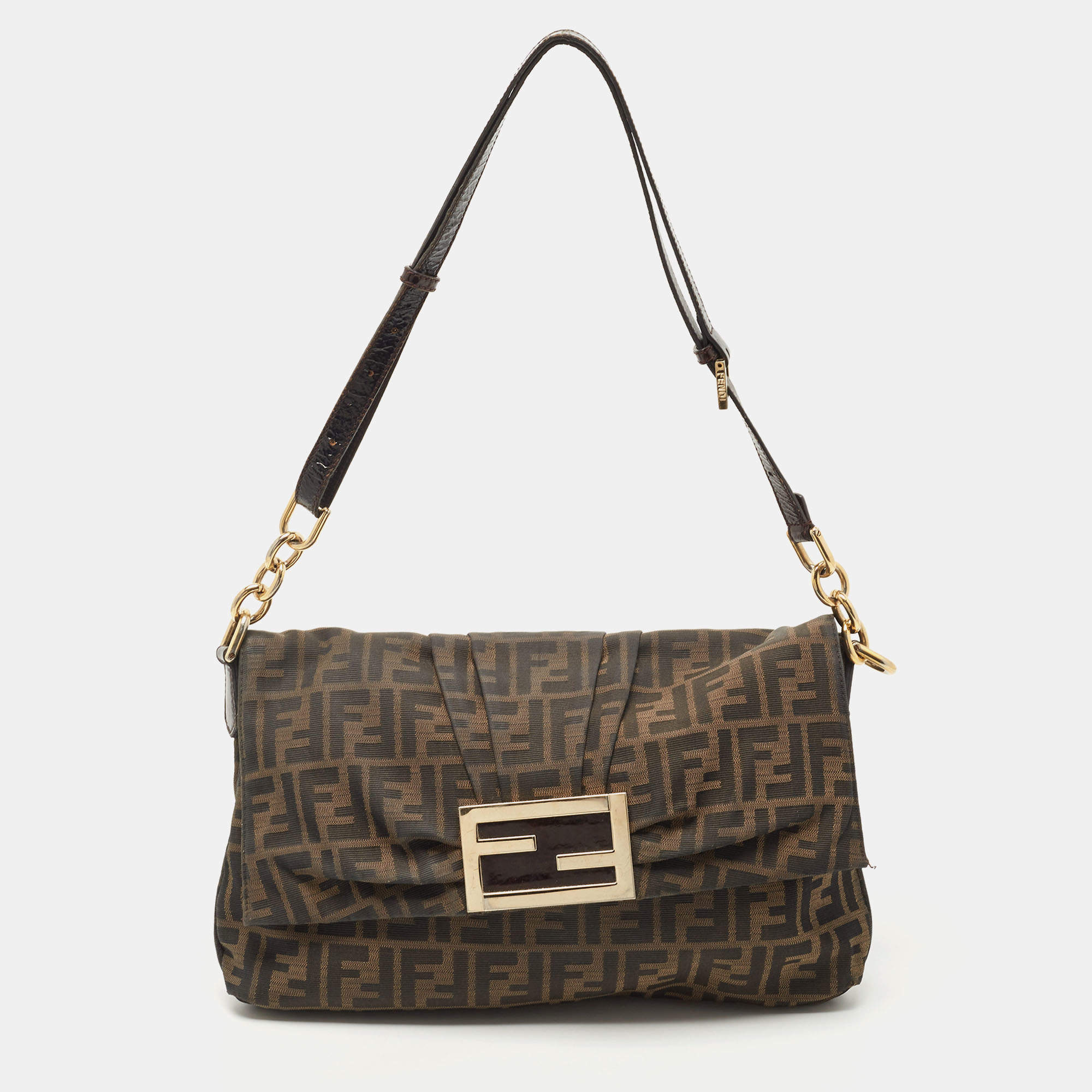 Pre Owned Fendi Tobacco Zucca Canvas and Patent Leather Mia Flap Shoulder Bag