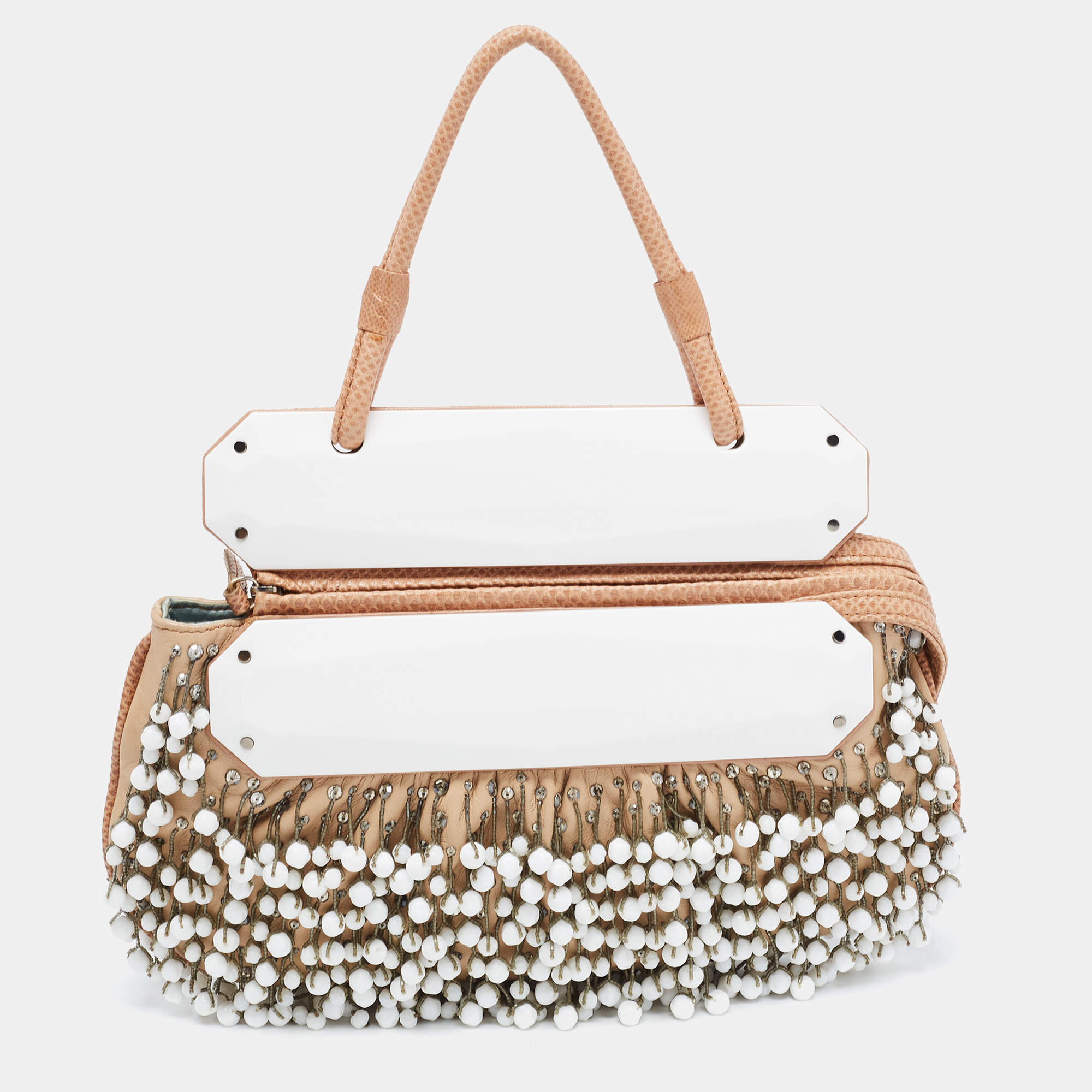 Pre Owned Fendi  Beige/White Leather and Lizard Beaded To You Clutch Bag