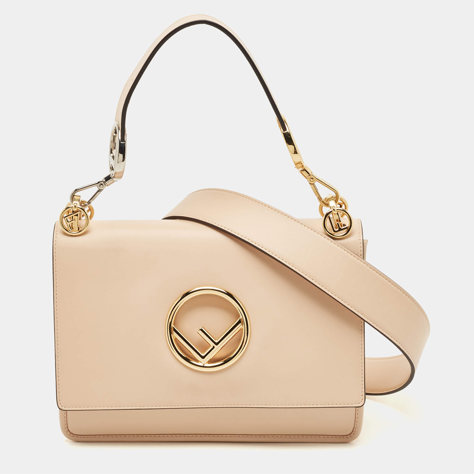 Pre Owned Fendi Peach Leather Kan I F Logo Shoulder Bag
