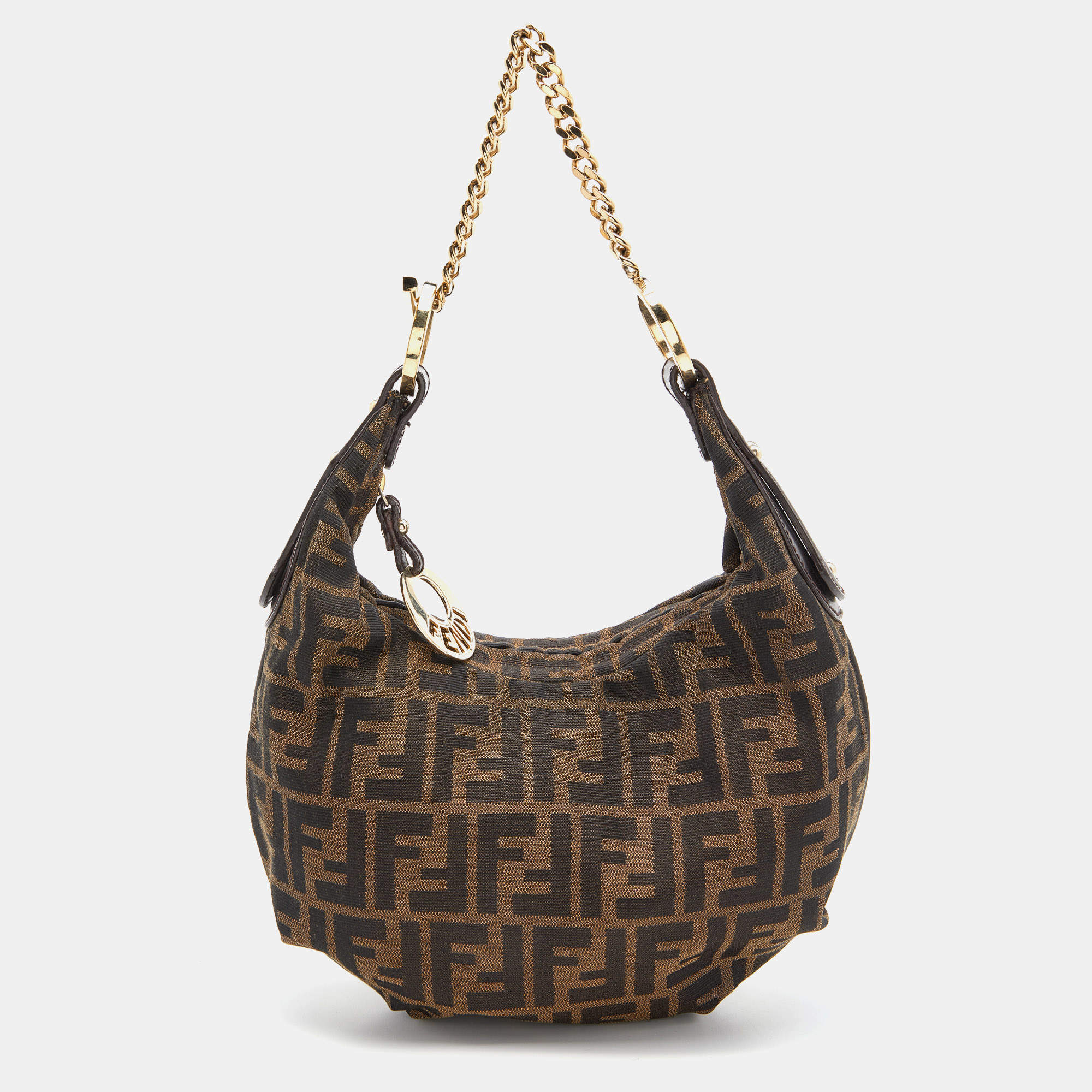 Pre Owned حقيبة فندي وصلة سلسلة شيف جلد وكانفاس زوكا ذهبية/ توباكو