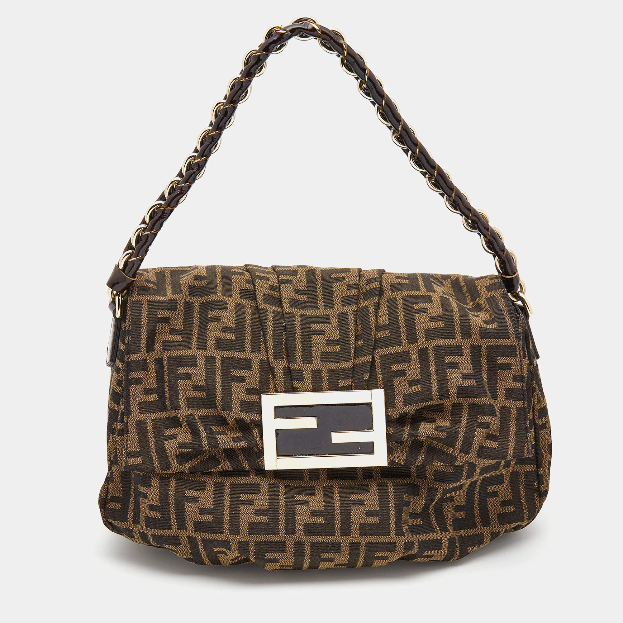 Fendi Tobacco Zucca Canvas and Patent Leather Mia Flap Shoulder Bag