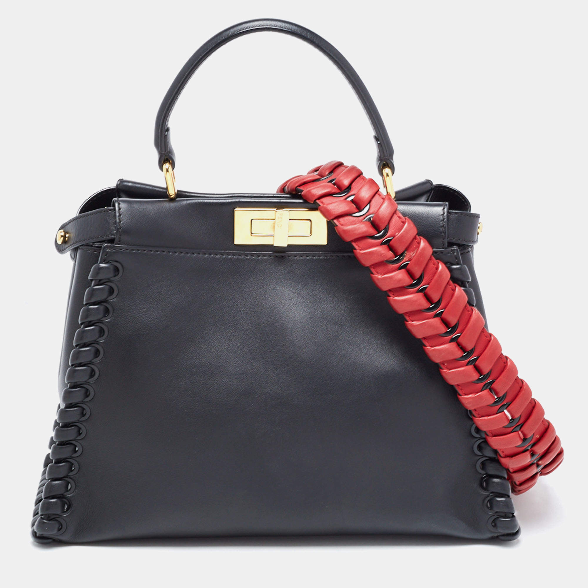 Pre Owned Fendi Black Leather Medium Whipstitched Peekaboo Top Handle Bag