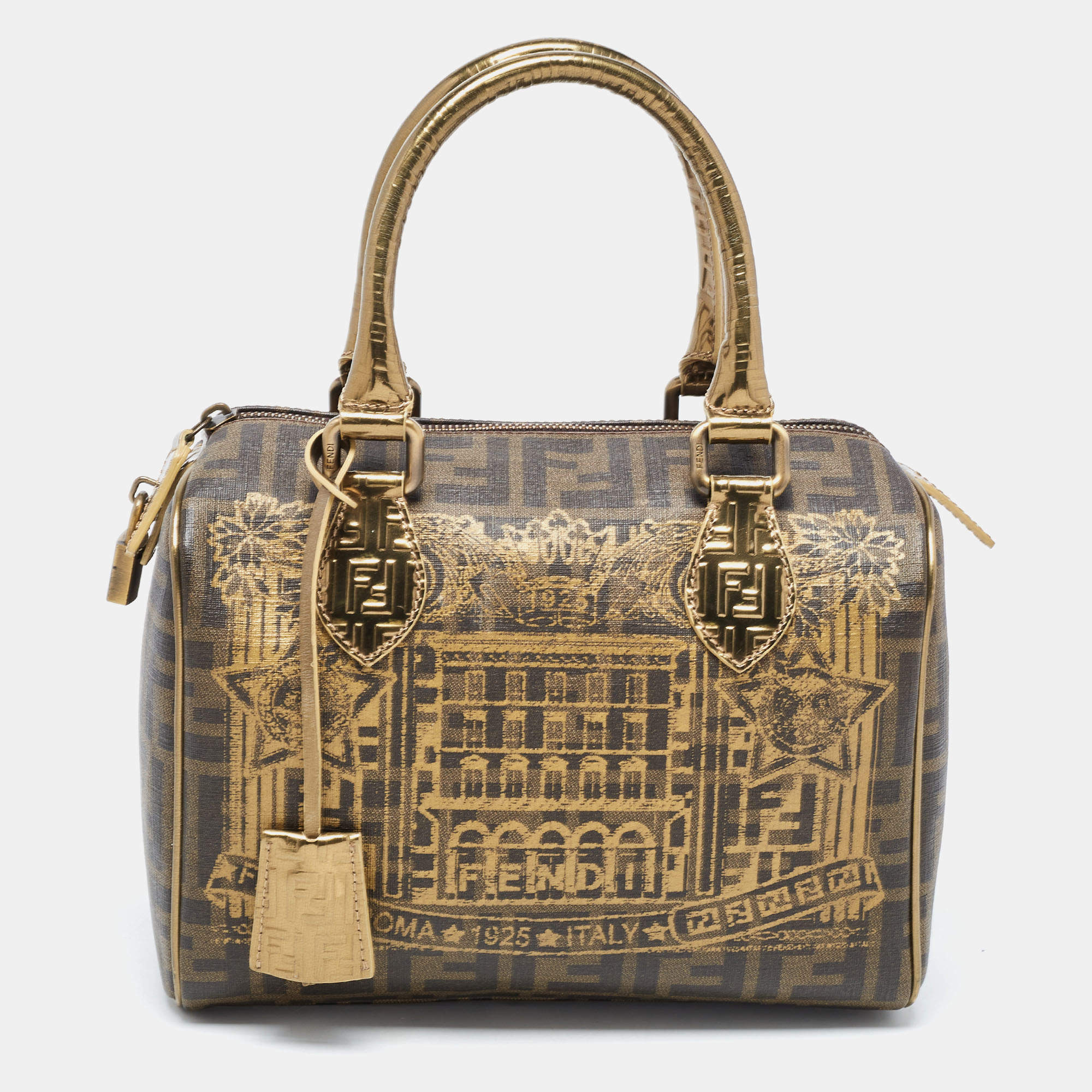 Pre Owned Fendi Gold/Tobacco Zucca Coated Canvas Forever Boston Bag