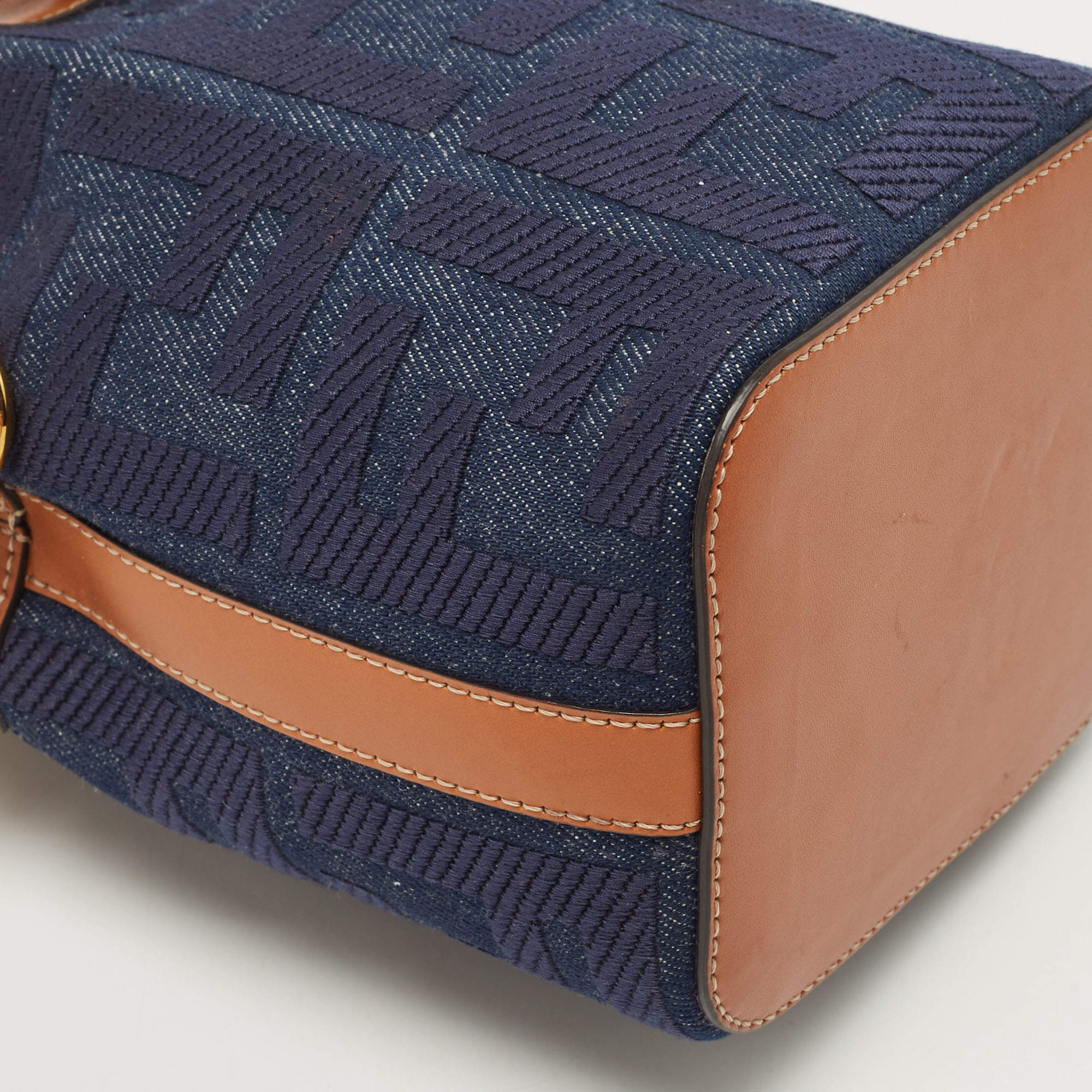 Fendi Mon Trésor Mini Leather-trimmed Denim Bucket Bag in Blue