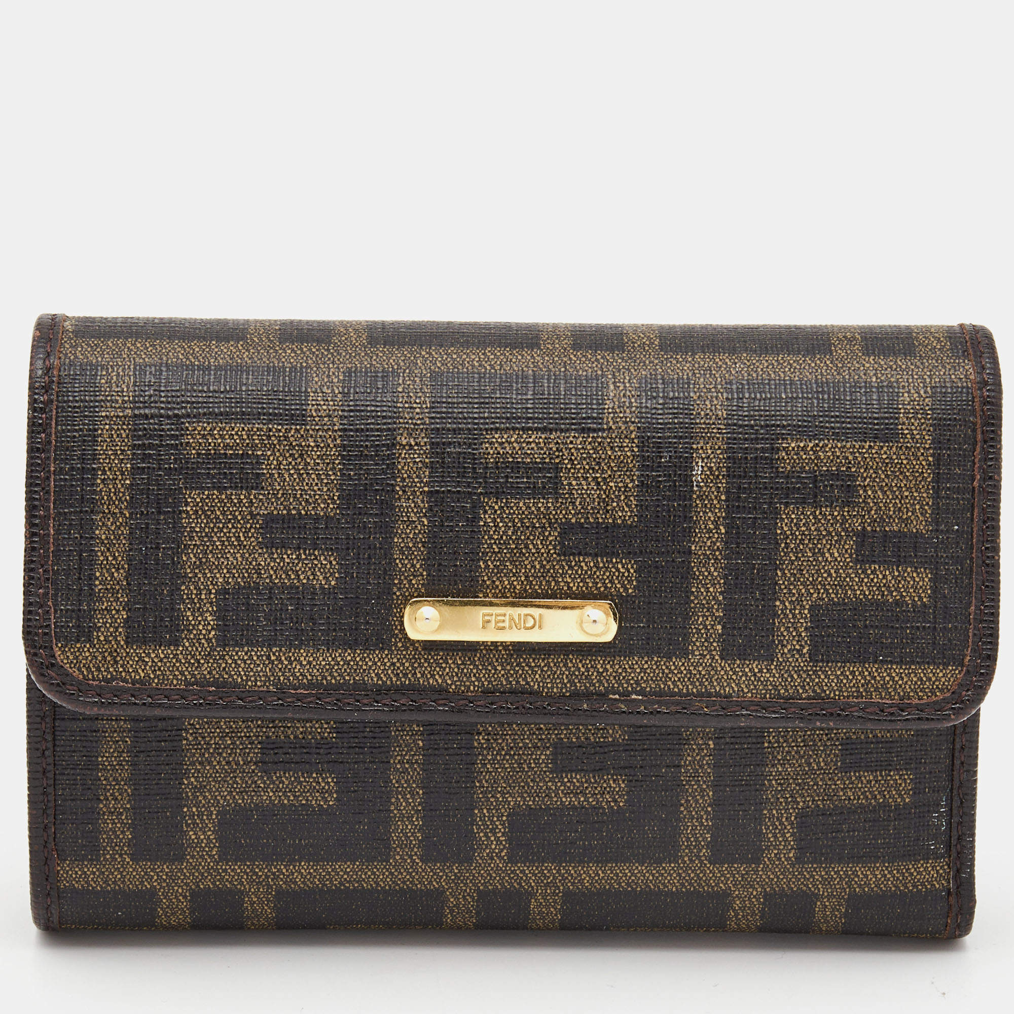Pre Owned Fendi Dark Brown Zucca Coated Canvas Logo Trifold Wallet