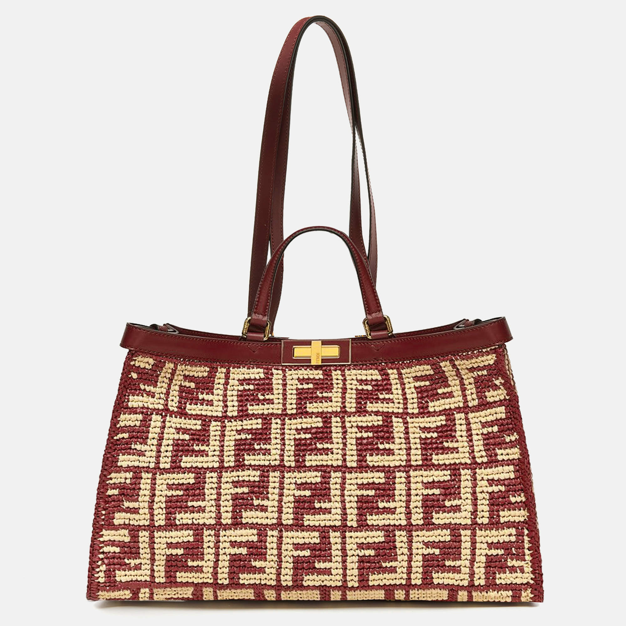 Pre Owned Fendi Burgundy/Cream FF Raffia and Leather Peekaboo X Tote