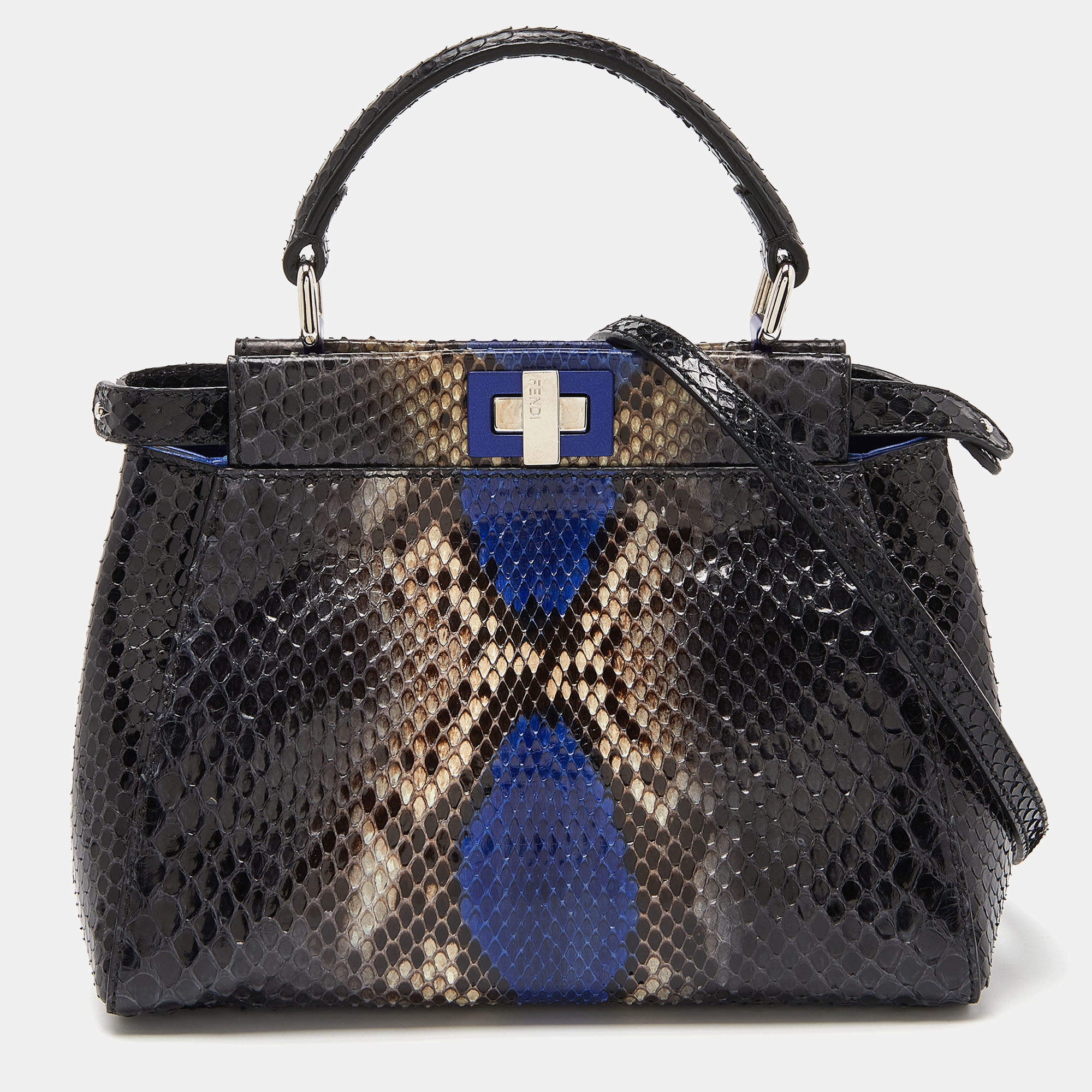 مملوكة مسبقًا Fendi Black/Blue Python Mini Peekaboo Top Handle Bag