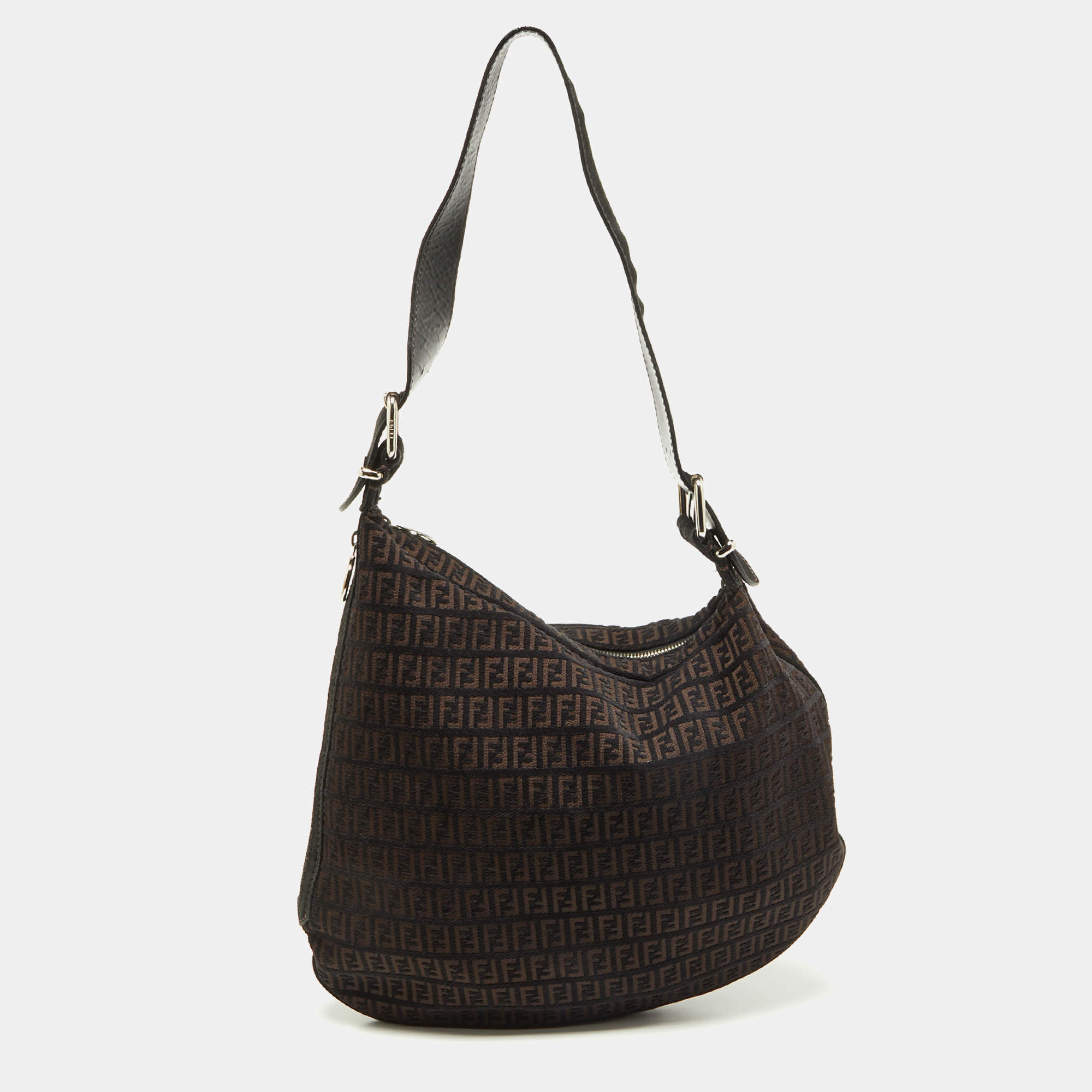 Pre Owned Fendi Brown/Black Zucchino Canvas and Leather Oyster Hobo