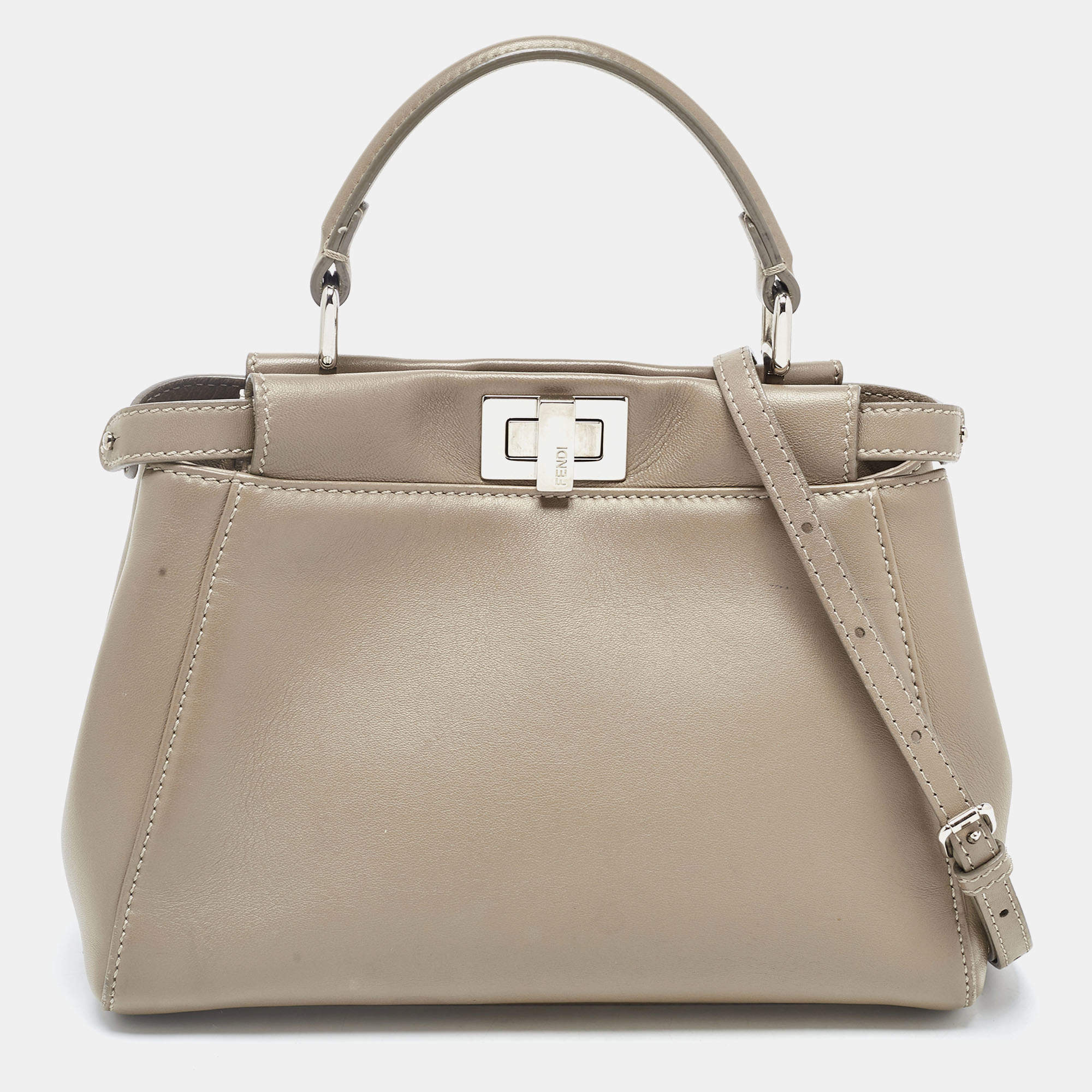 Pre Owned Fendi Dark Beige Leather Mini Peekaboo Top Handle Bag