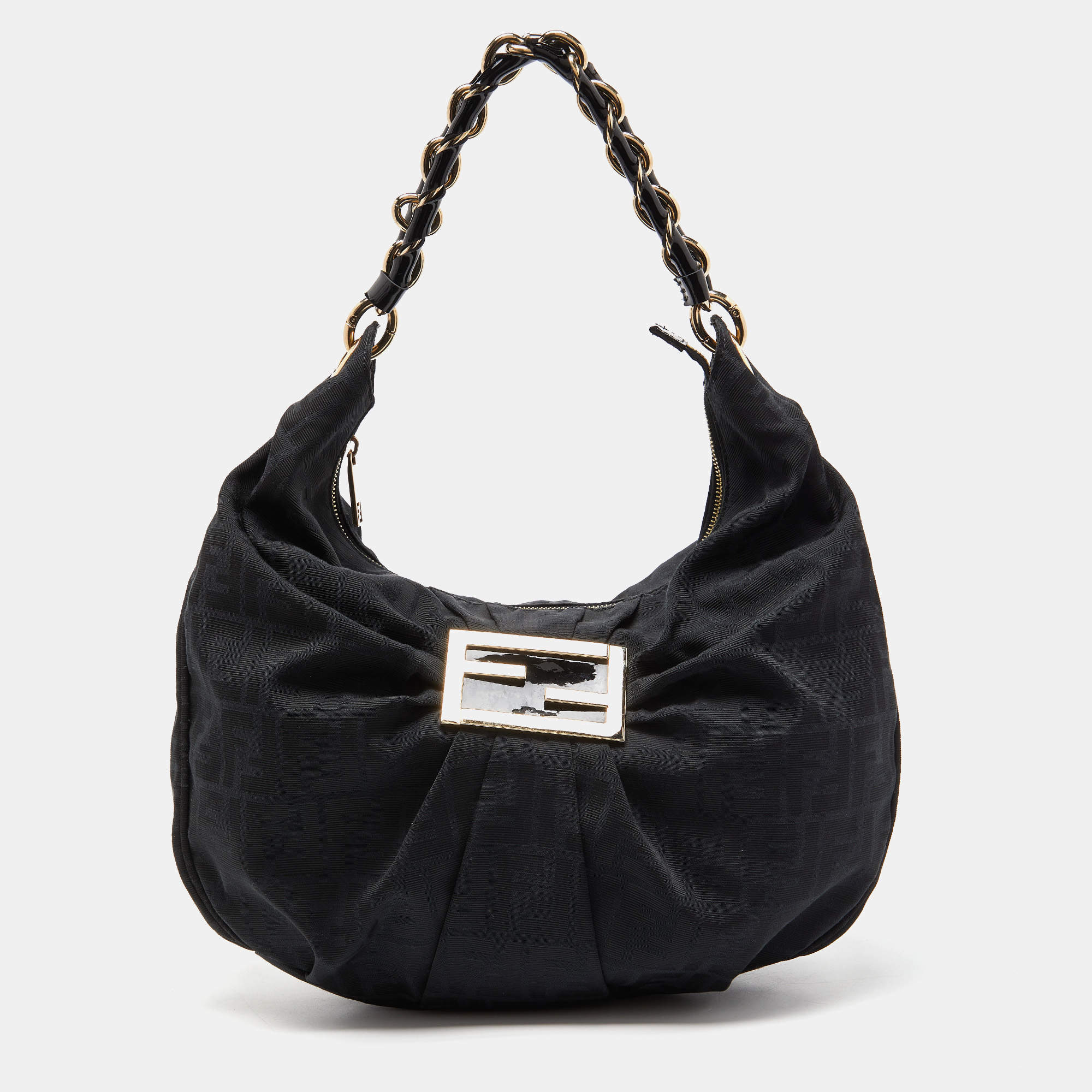 Fendi Black Zucca Canvas and Patent Leather Mia Hobo