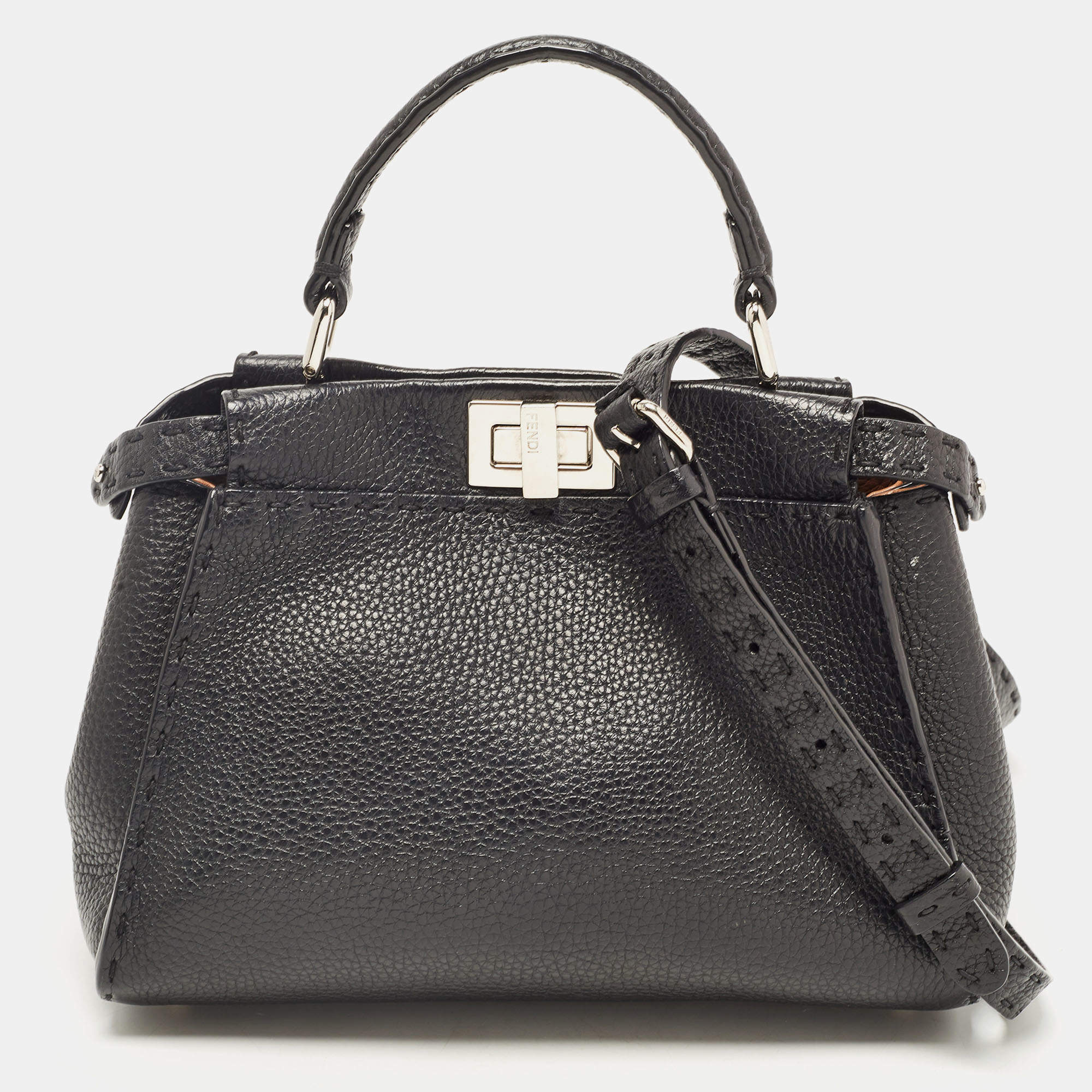 Pre Owned Fendi Black Selleria Leather Mini Peekaboo Top Handle Bag