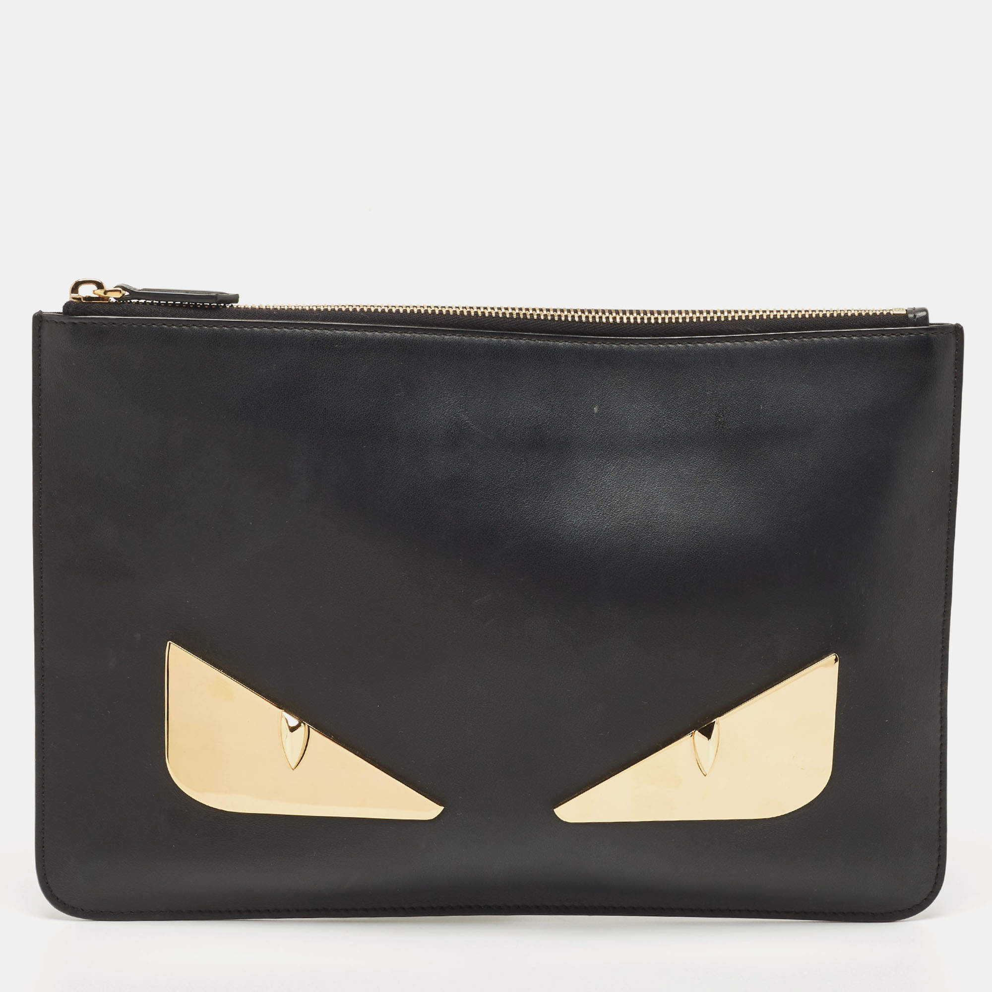 Pre Owned Fendi Black Leather Monster Flat Clutch
