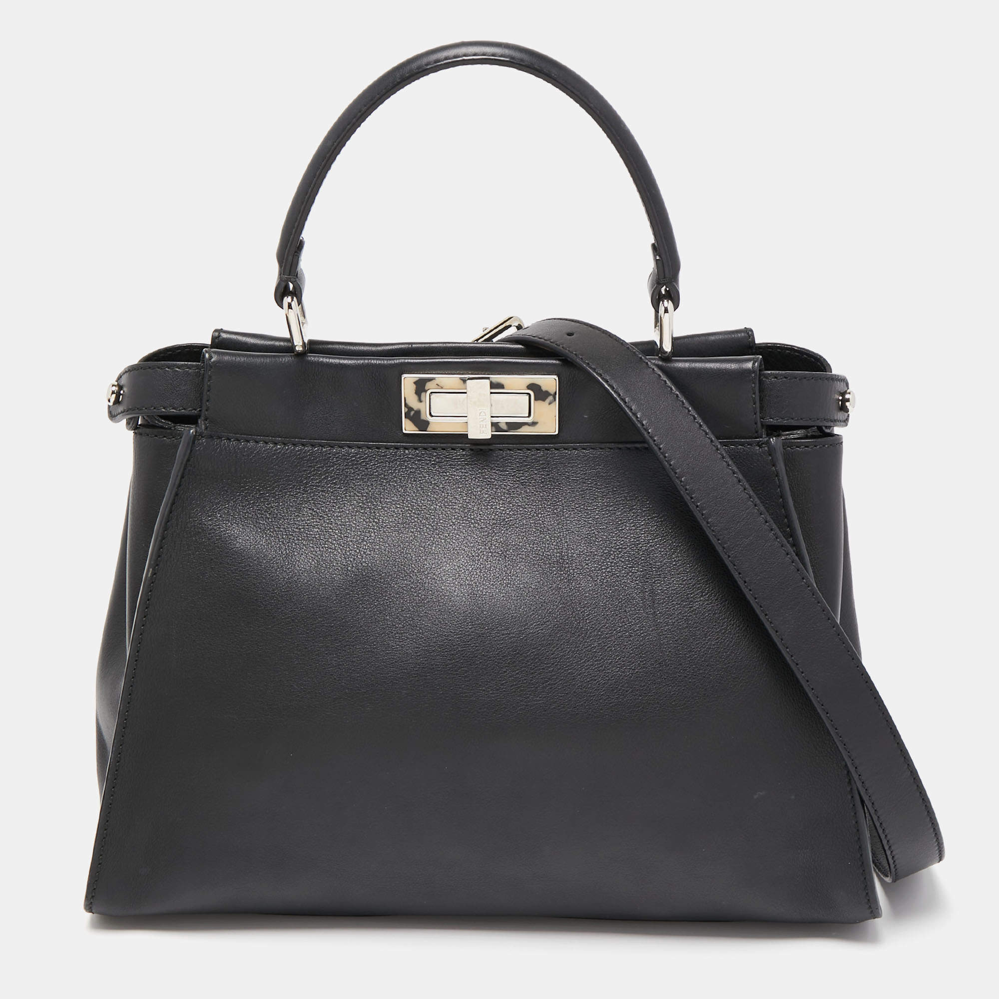 Pre Owned Fendi Black Tortoiseshell Effect Leather Medium Peekaboo Iseeu Top Handle Bag