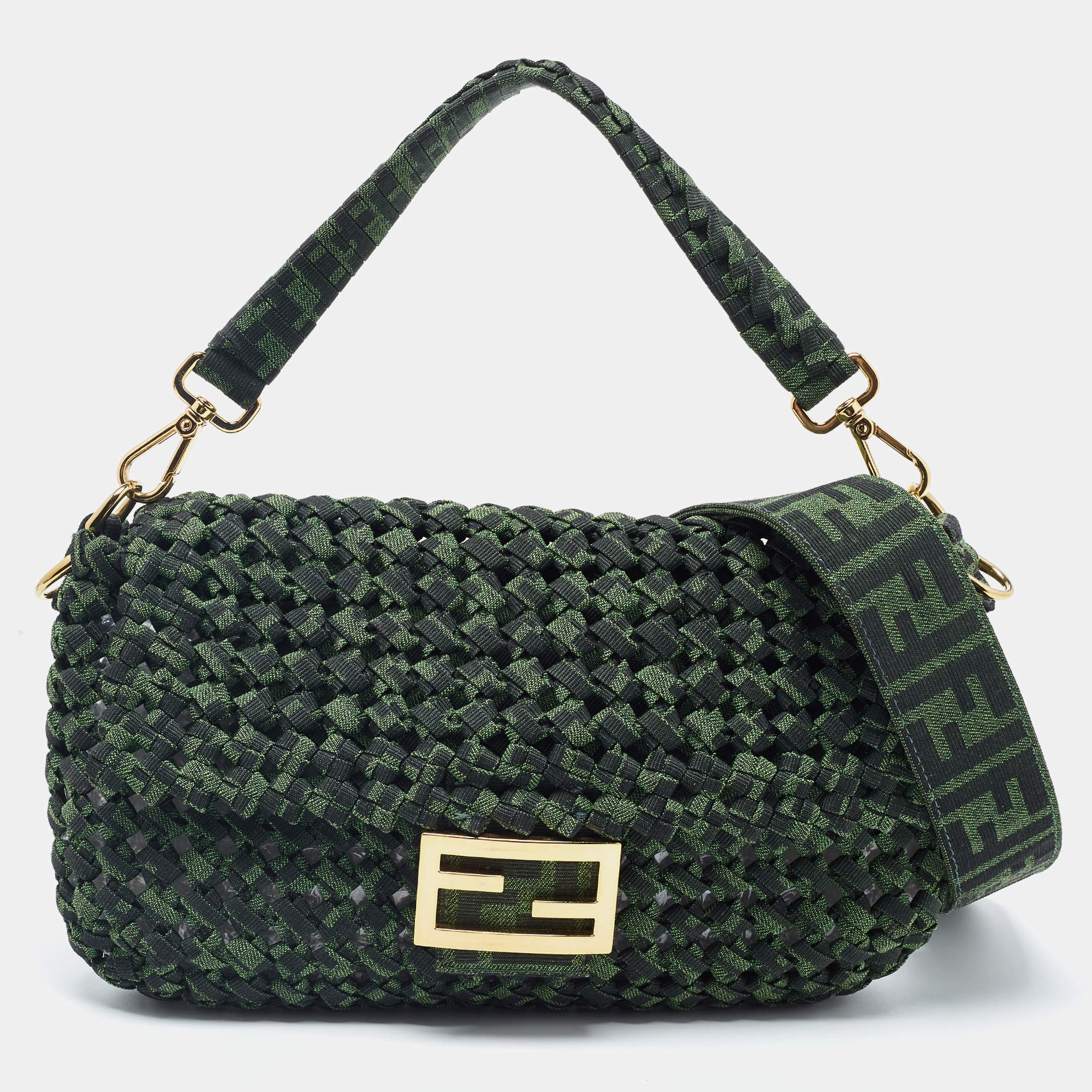 Pre Owned Fendi Green Jacquard Woven Fabric Medium Baguette Bag