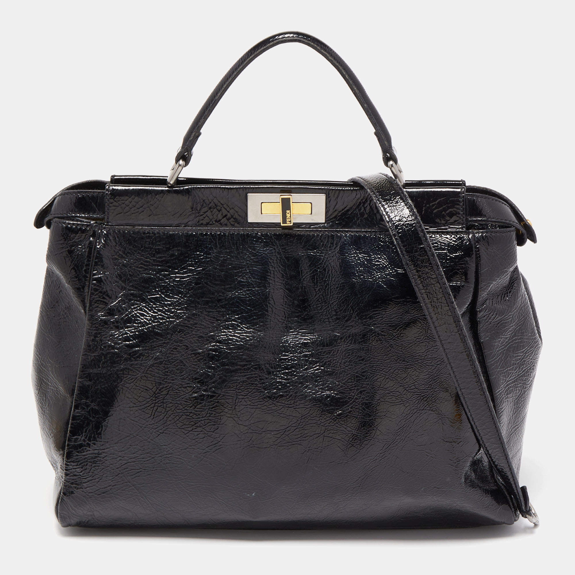 Pre Owned Fendi Black Patent Leather Large Peekaboo Top Handle Bag