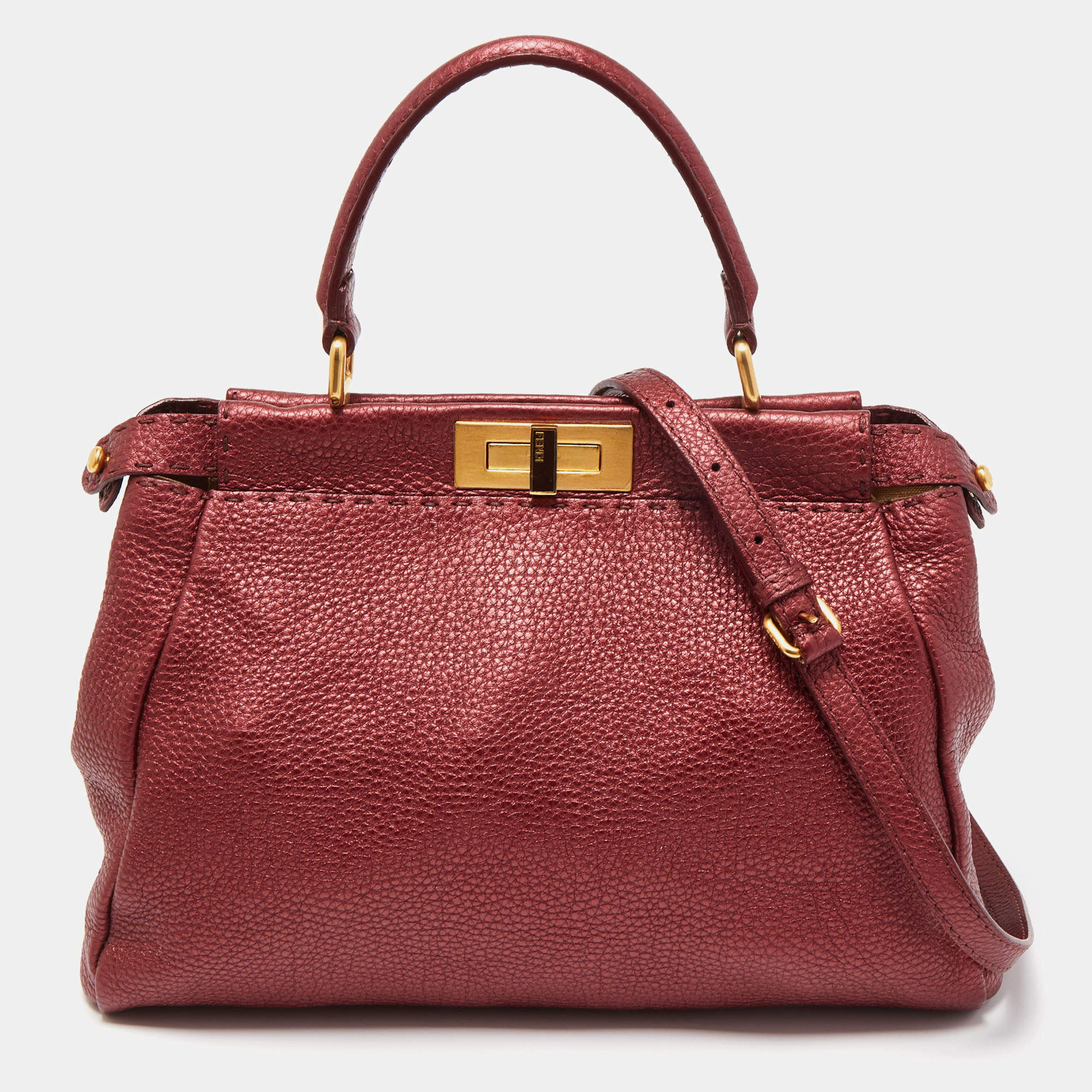 Pre Owned Fendi Metallic Burgundy Selleria Leather Regular Peekaboo Top Handle Bag
