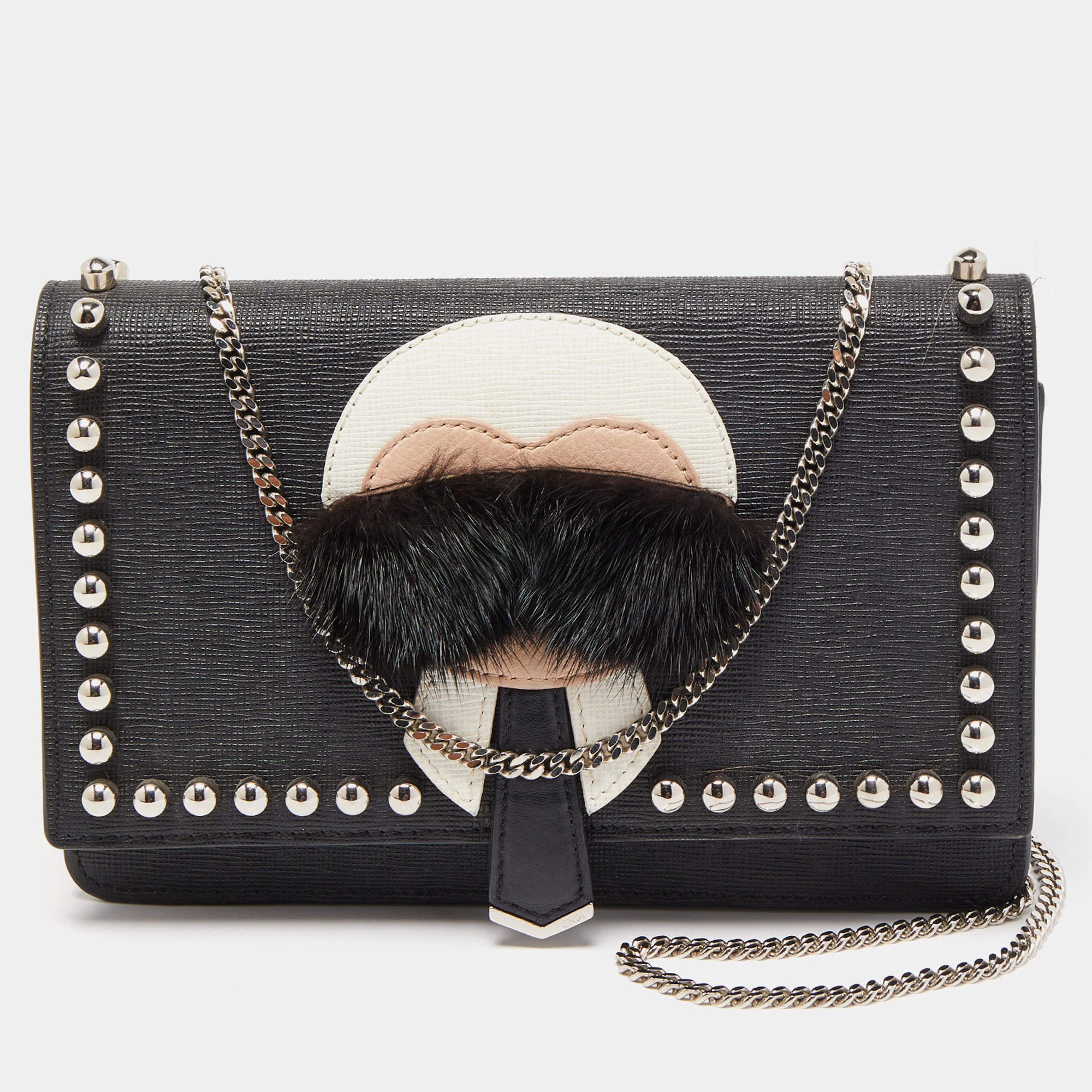 Pre Owned Fendi Black Leather Studded Karlito Wallet on Chain