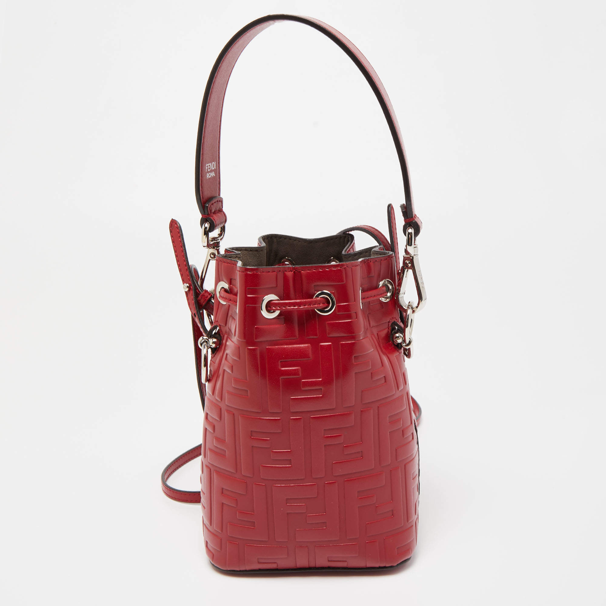 Fendi Mini Mon Tresor Bucket Bag In ROMA Logo Calf Leather Silver