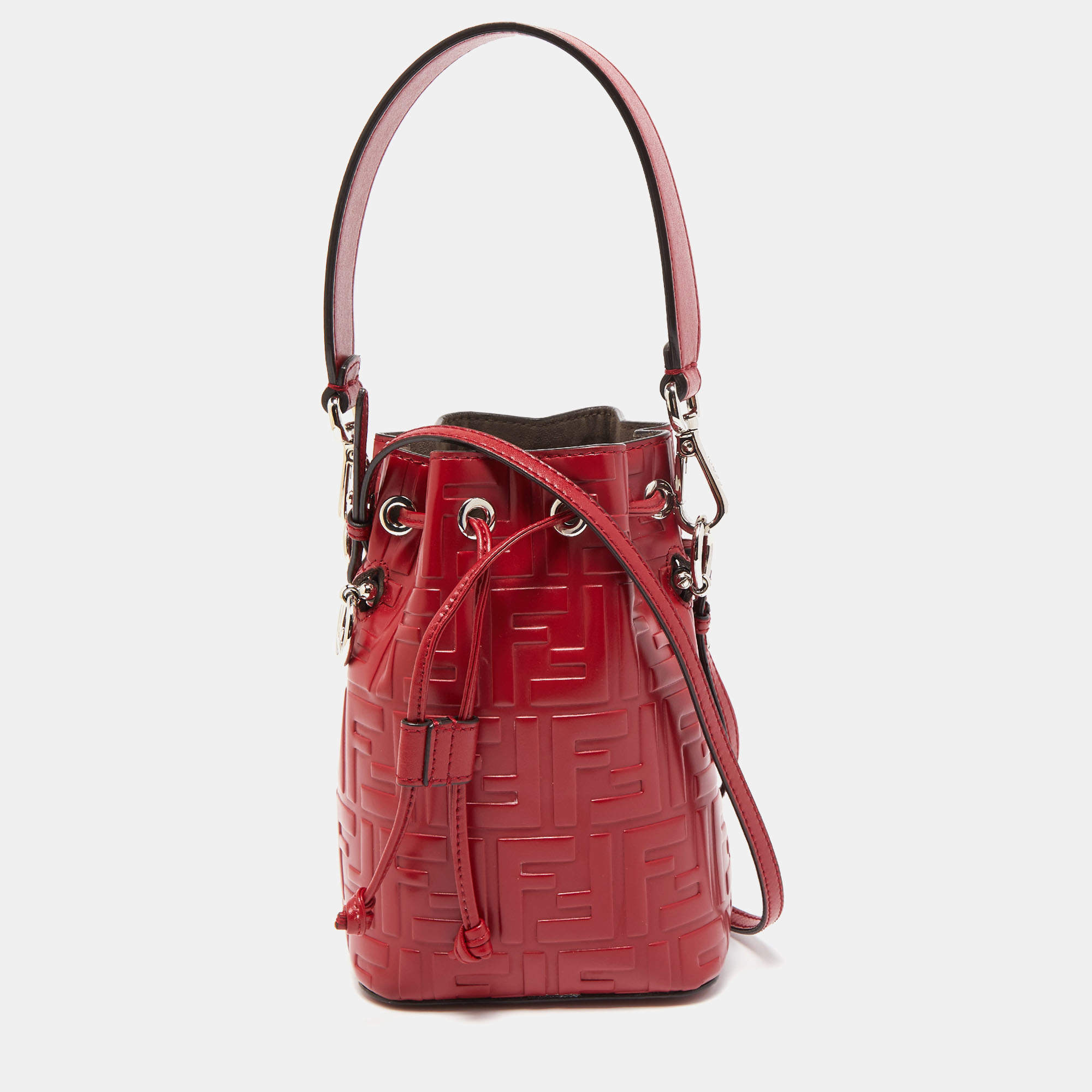 Pre Owned Fendi Red Zucca Leather Mini Mon Tresor Bucket Bag