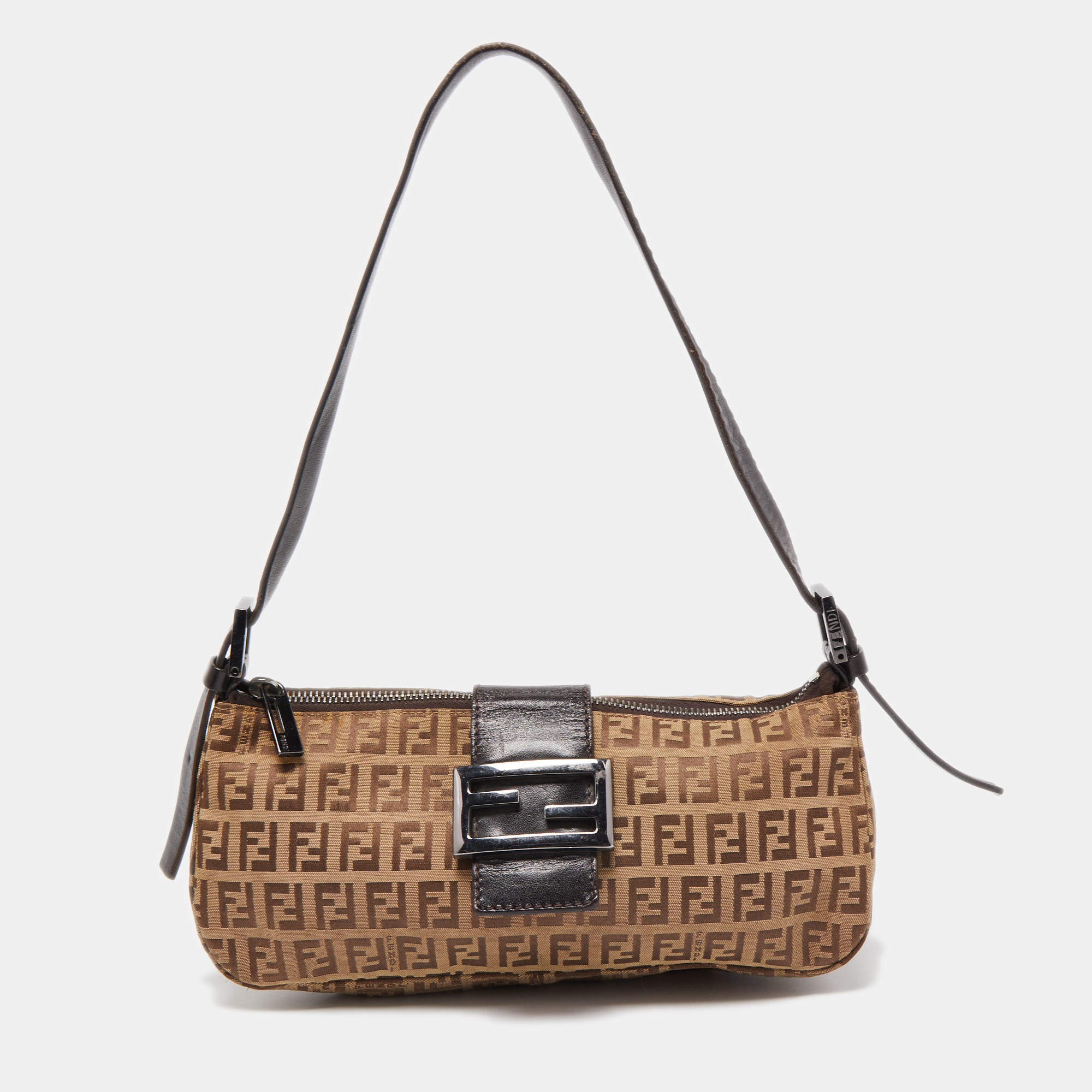 Pre Owned Fendi Beige/Brown Zuchinno Canvas and Leather Baguette Bag