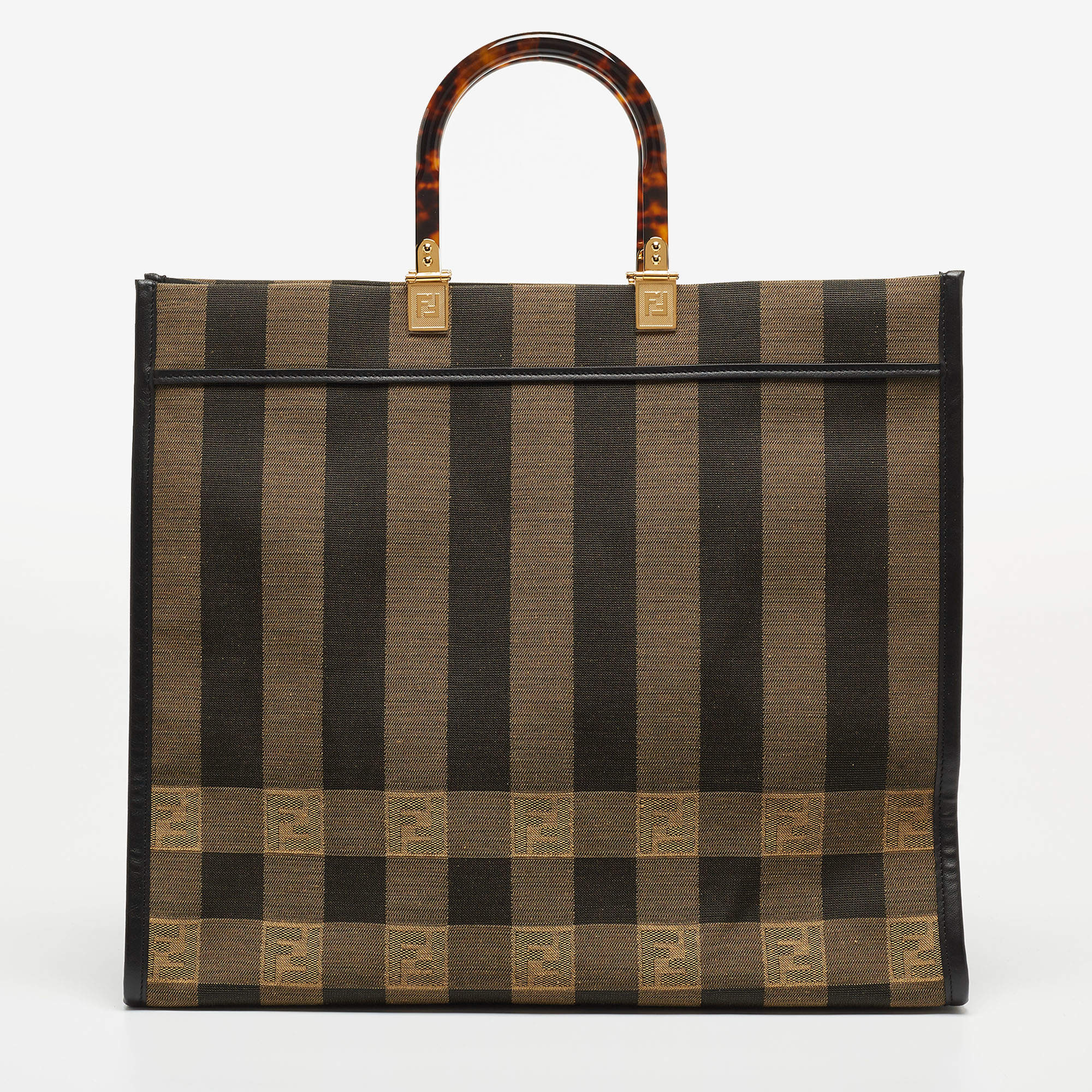 Pre Owned Fendi Black/Tobacco Jacquard Pequin Canvas Large Sunshine Shopper Tote