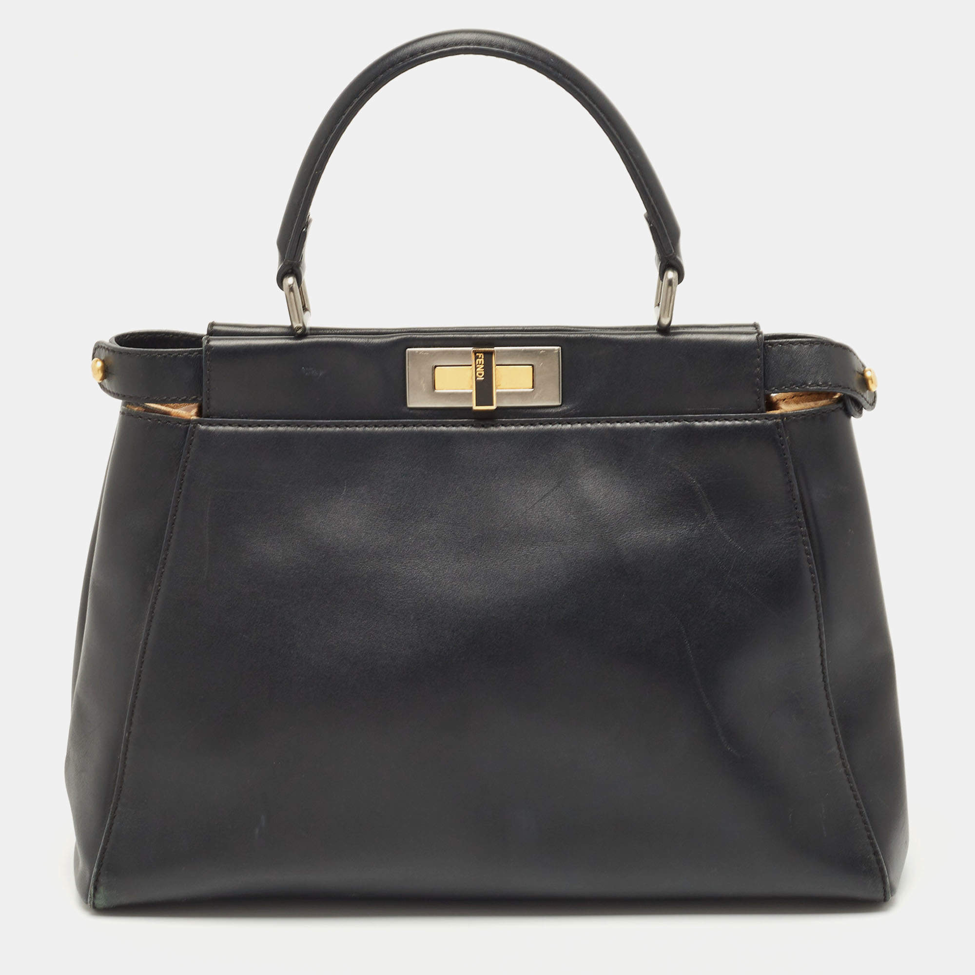 Pre Owned Fendi Black Leather and Leopard Print Calf Hair Interior Medium Peekaboo Top Handle Bag
